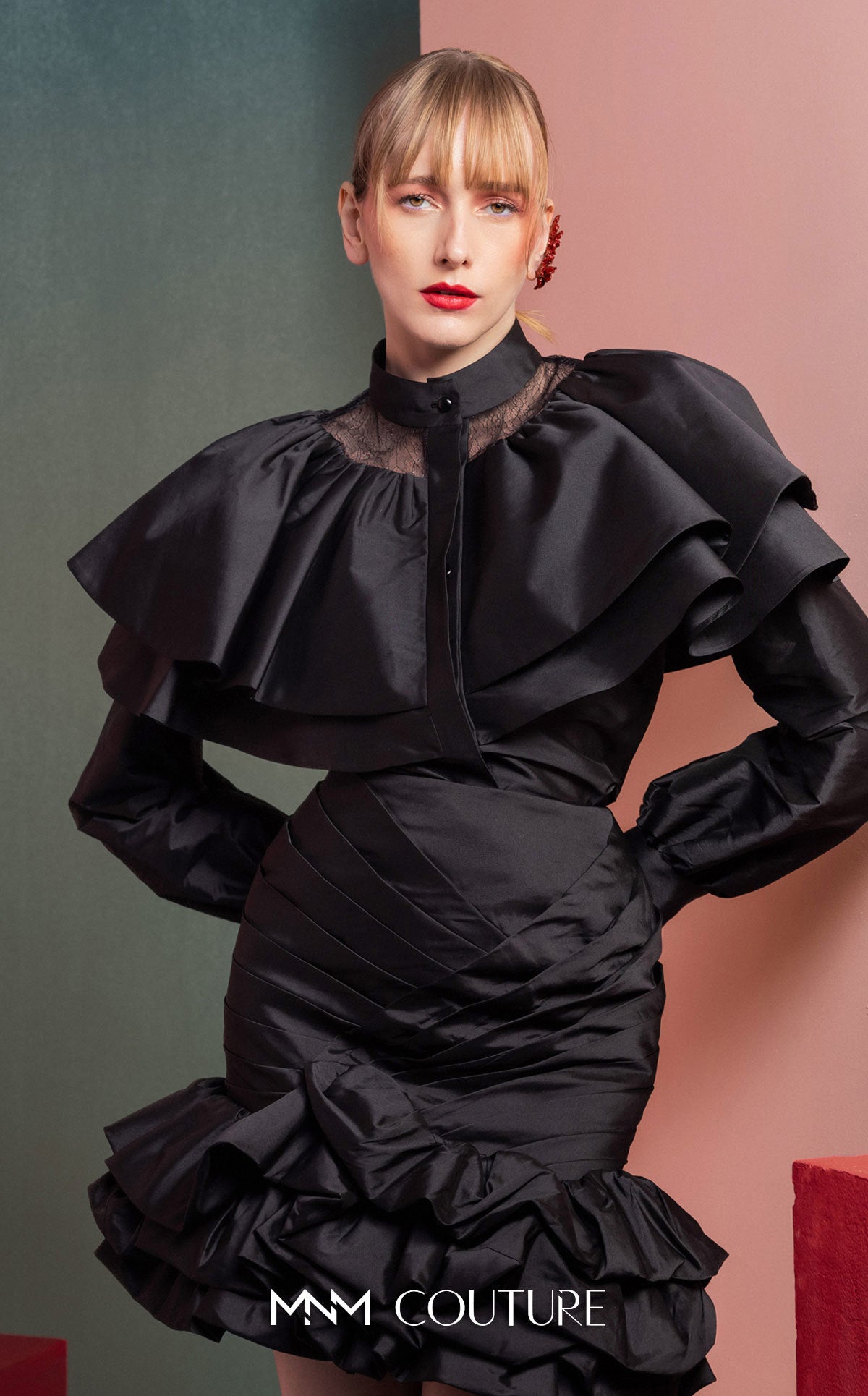 High Neck Short Satin Cocktail Dress by MNM Couture GOF2539 in Black