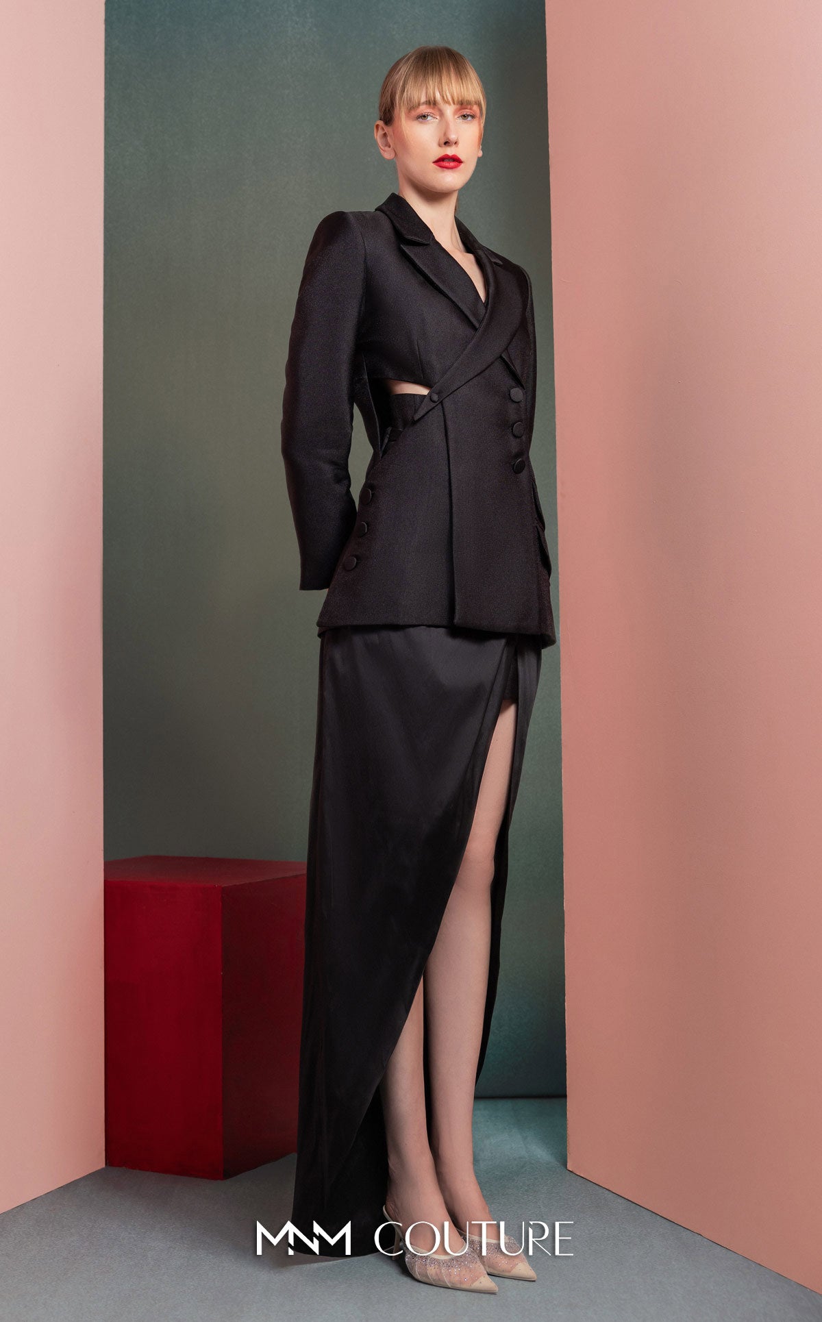 Double-Breasted Jacket High-Slit Satin Gown by MNM Couture GOF2542 in Black
