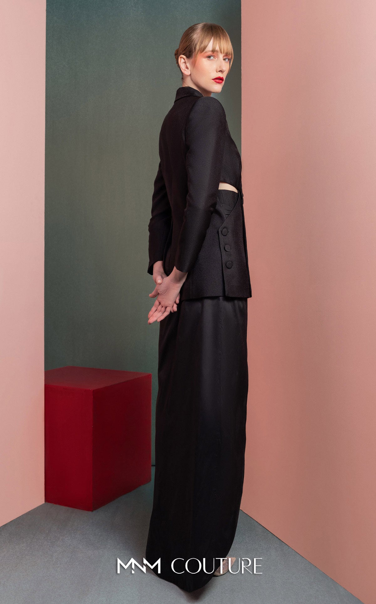 Double-Breasted Jacket High-Slit Satin Gown by MNM Couture GOF2542 in Black