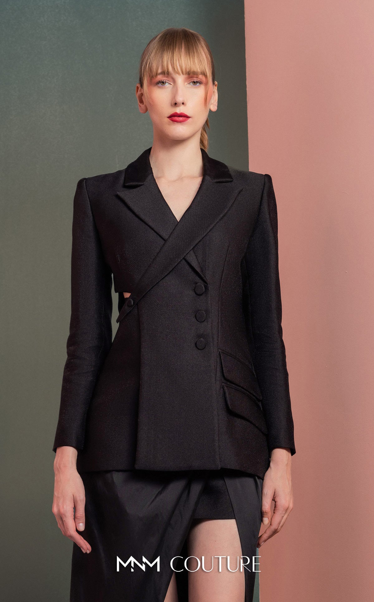 Double-Breasted Jacket High-Slit Satin Gown by MNM Couture GOF2542 in Black