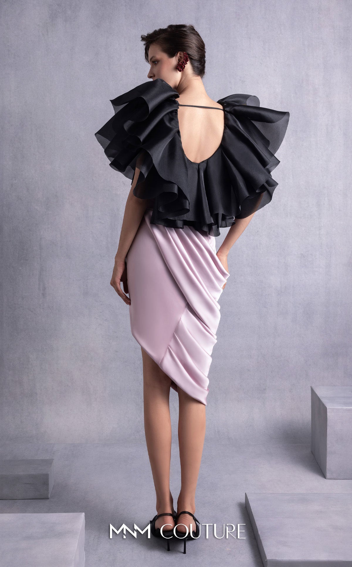 Scoop Neck Short Organza Cocktail Dress by MNM Couture GOS2503 in Black/Pink