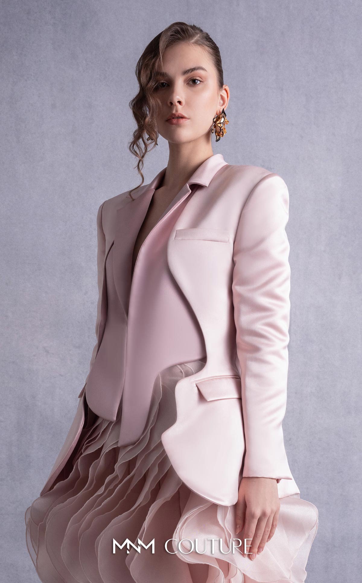 Notched Collar Midi Chiffon Mother of the Bride Dress by MNM Couture GOS2504 in Pink