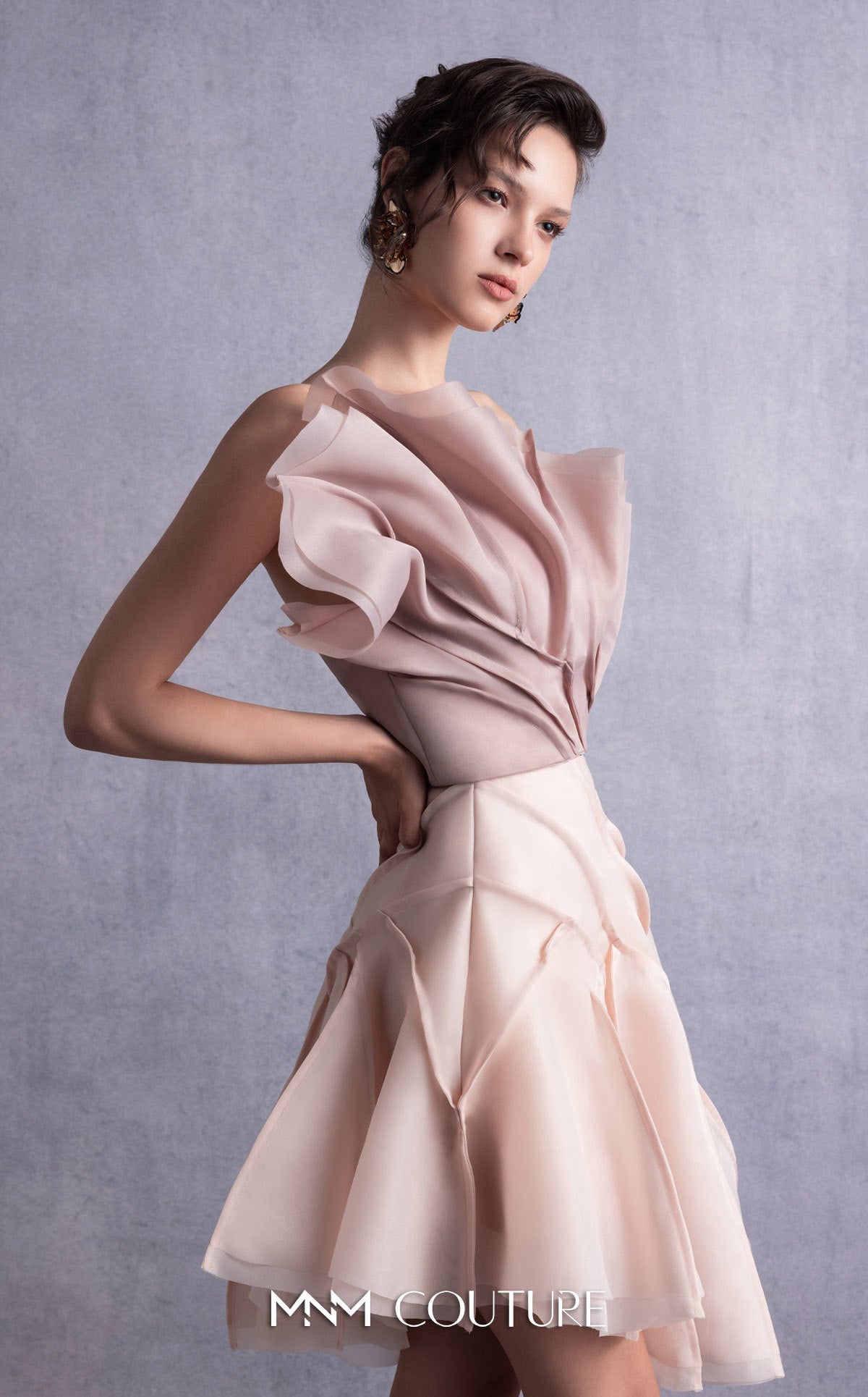 Asymmetric Short Organza Cocktail Dress by MNM Couture GOS2514 in Nude