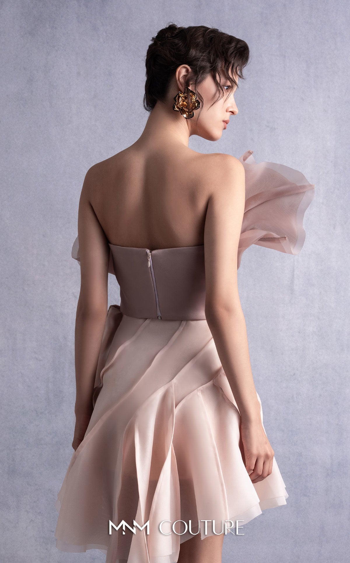 Asymmetric Short Organza Cocktail Dress by MNM Couture GOS2514 in Nude