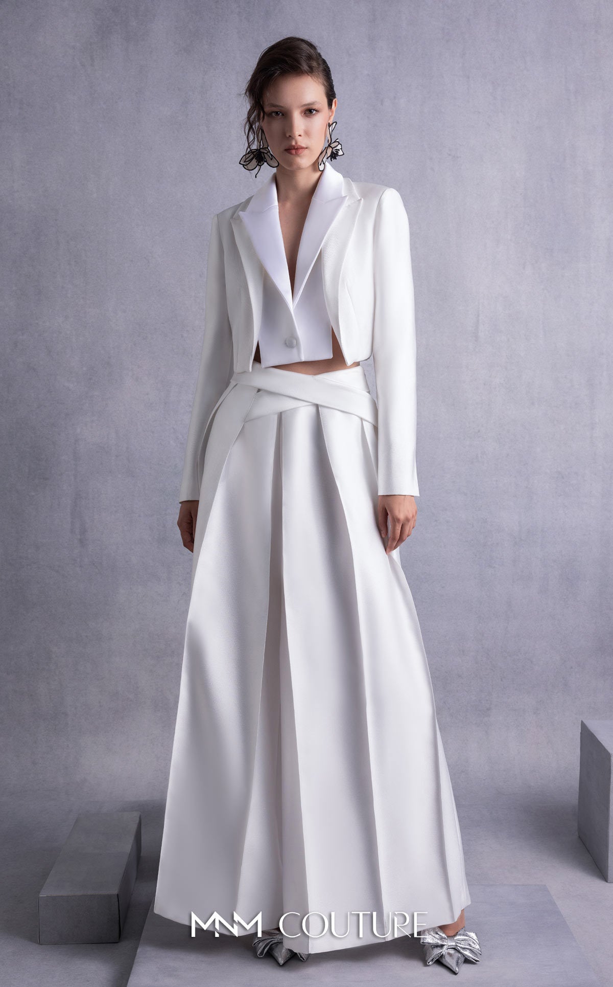 V-Neck Full Length Satin Pantsuit by MNM Couture GOS2515 in Off White