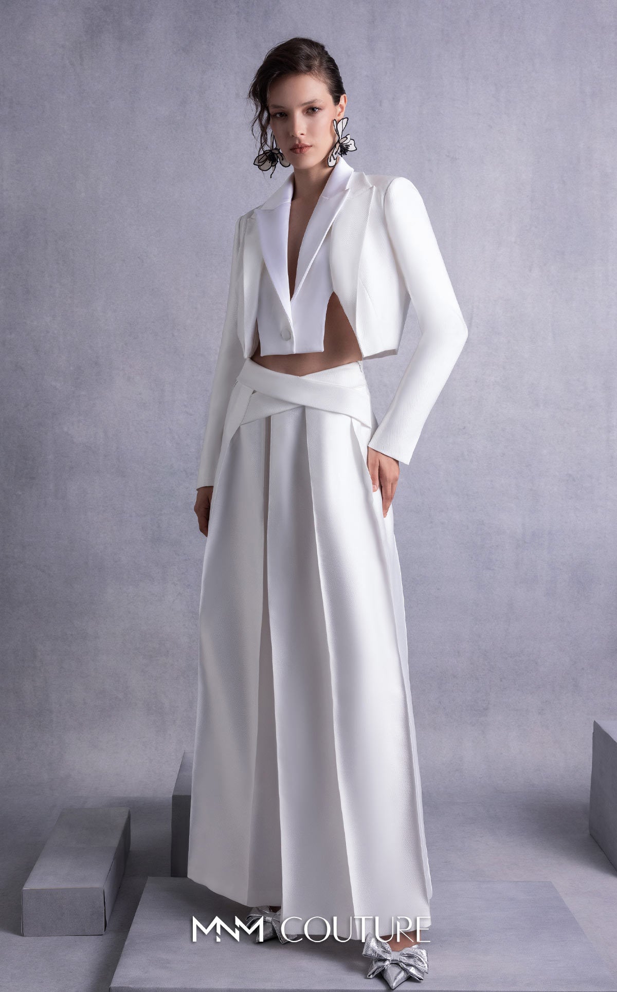 V-Neck Full Length Satin Pantsuit by MNM Couture GOS2515 in Off White