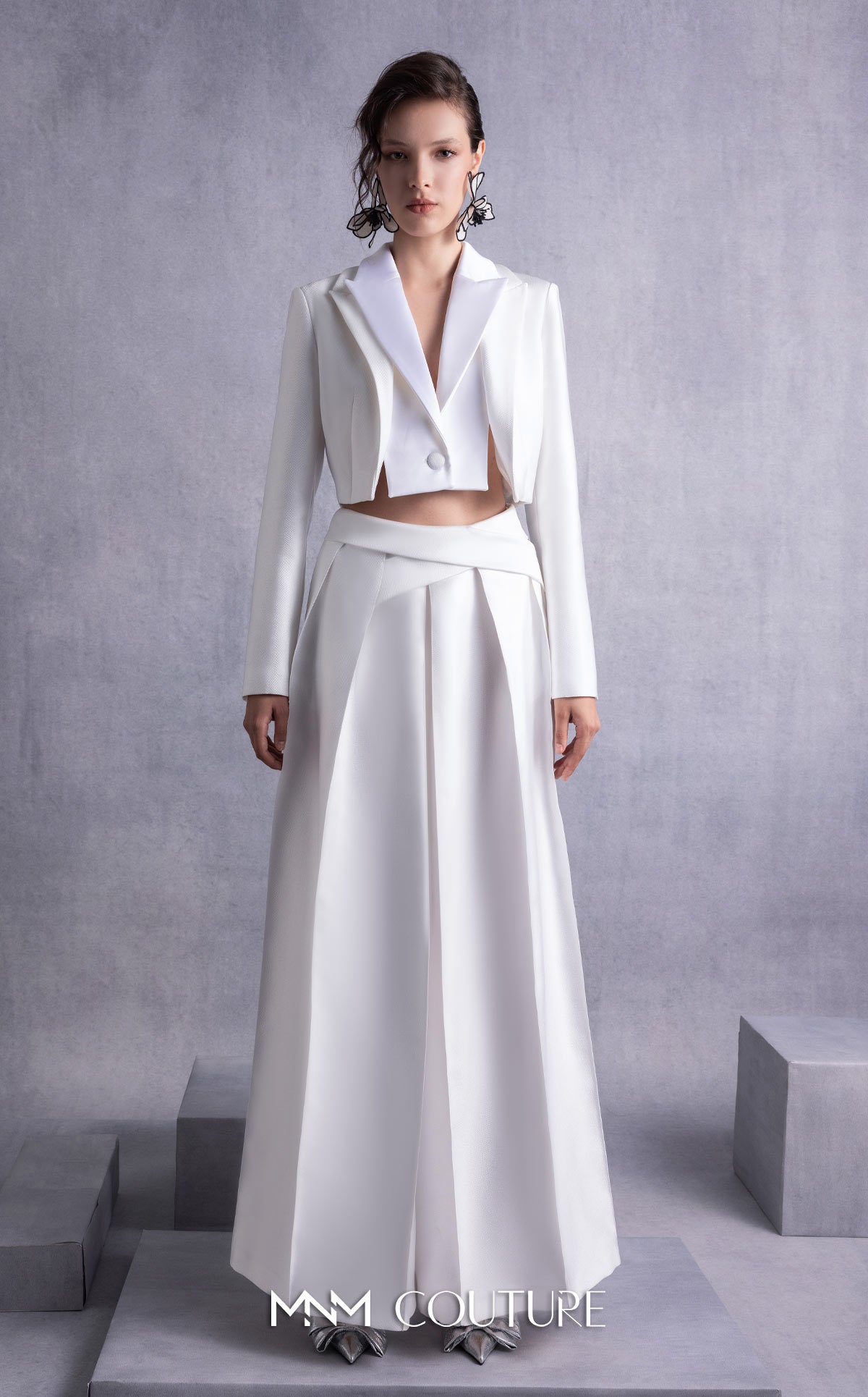 V-Neck Full Length Satin Pantsuit by MNM Couture GOS2515 in Off White
