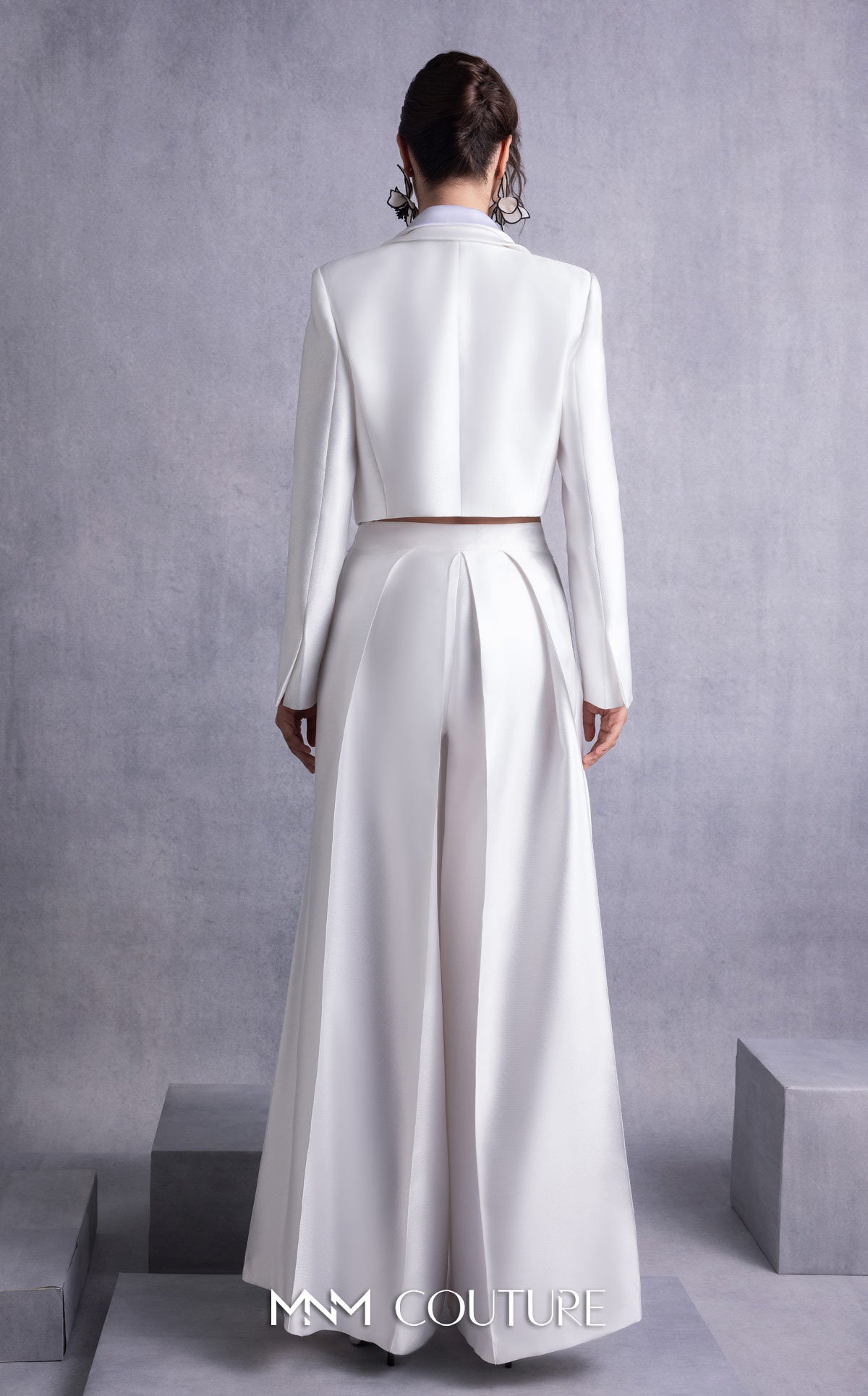 V-Neck Full Length Satin Pantsuit by MNM Couture GOS2515 in Off White