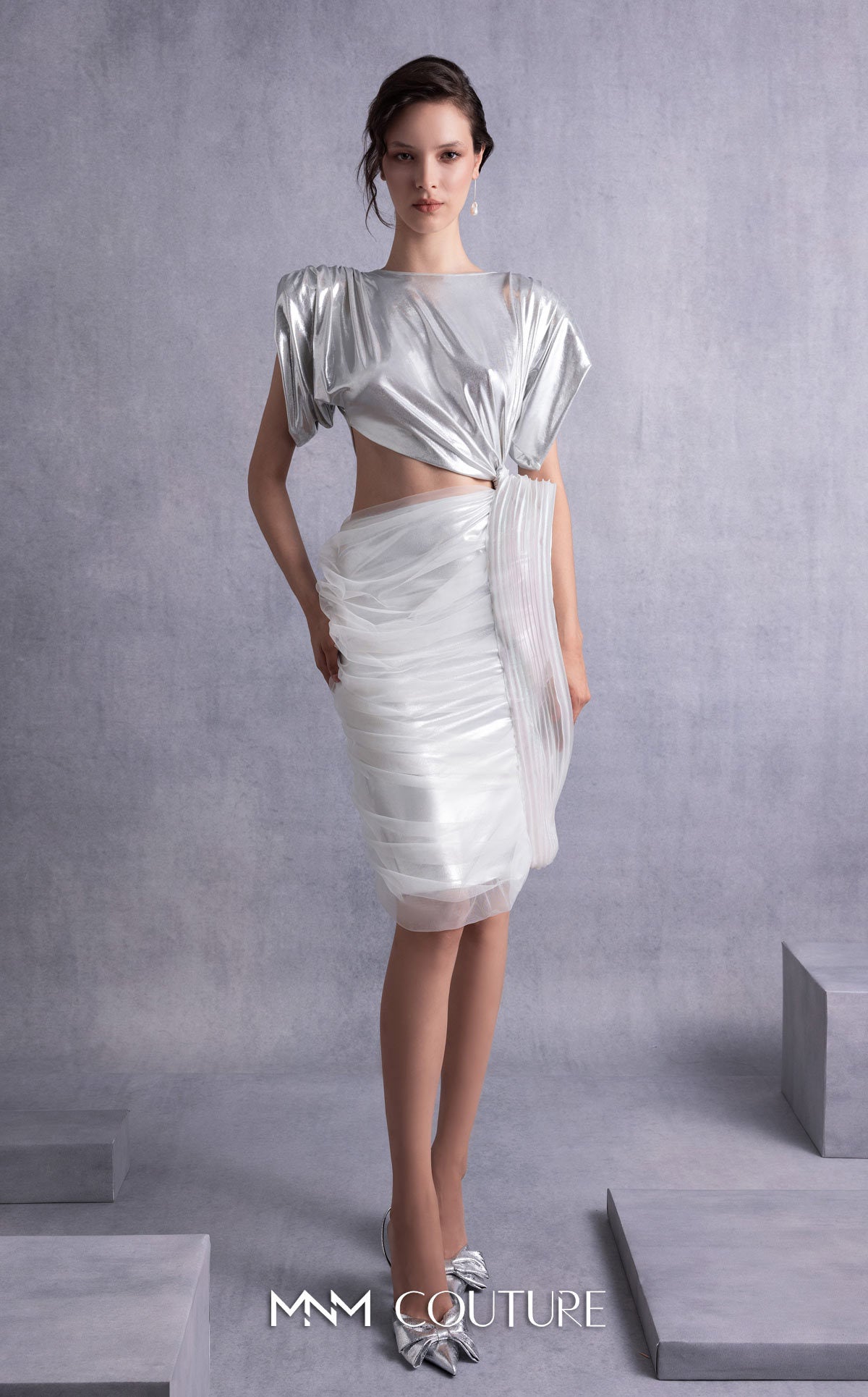 Cocktail Dresses Metallic Short Evening Cocktail Dress MNM Couture GOS2523 Silver