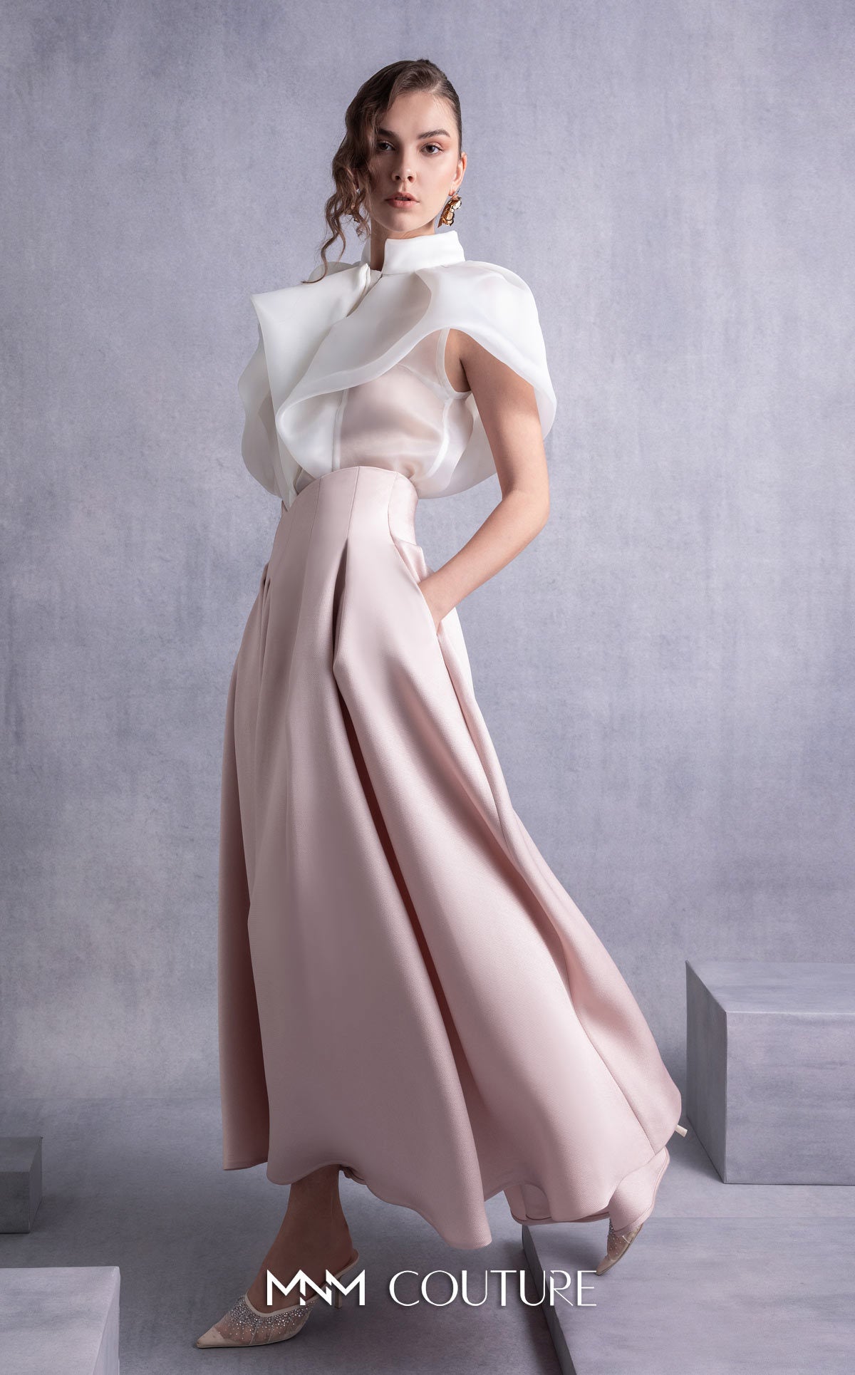 High Neck Ankle Length Satin Cocktail Dress by MNM Couture GOS2524 in White Pink