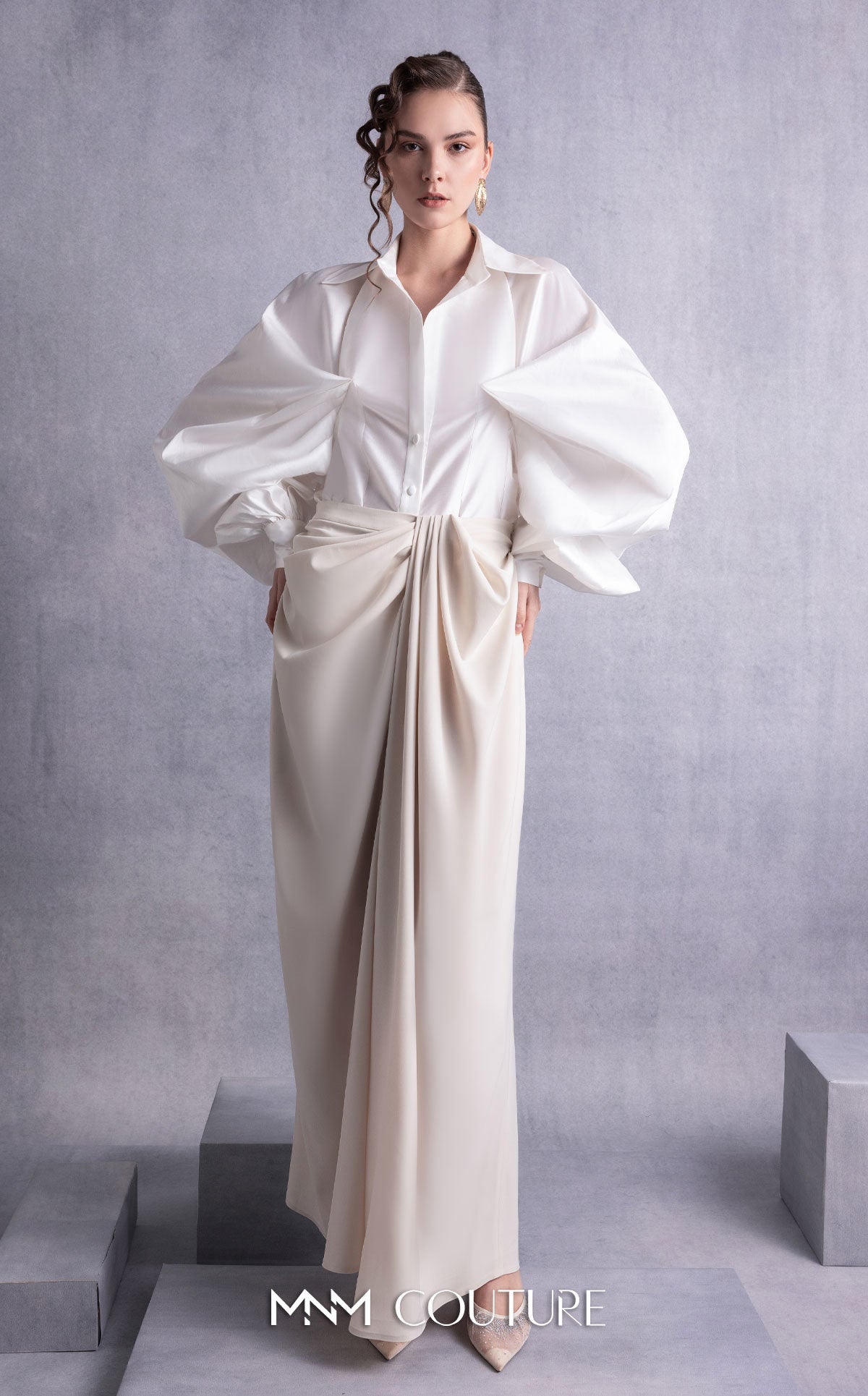 Collared Long Satin Pant Suit by MNM Couture GOS2529 in Off/White