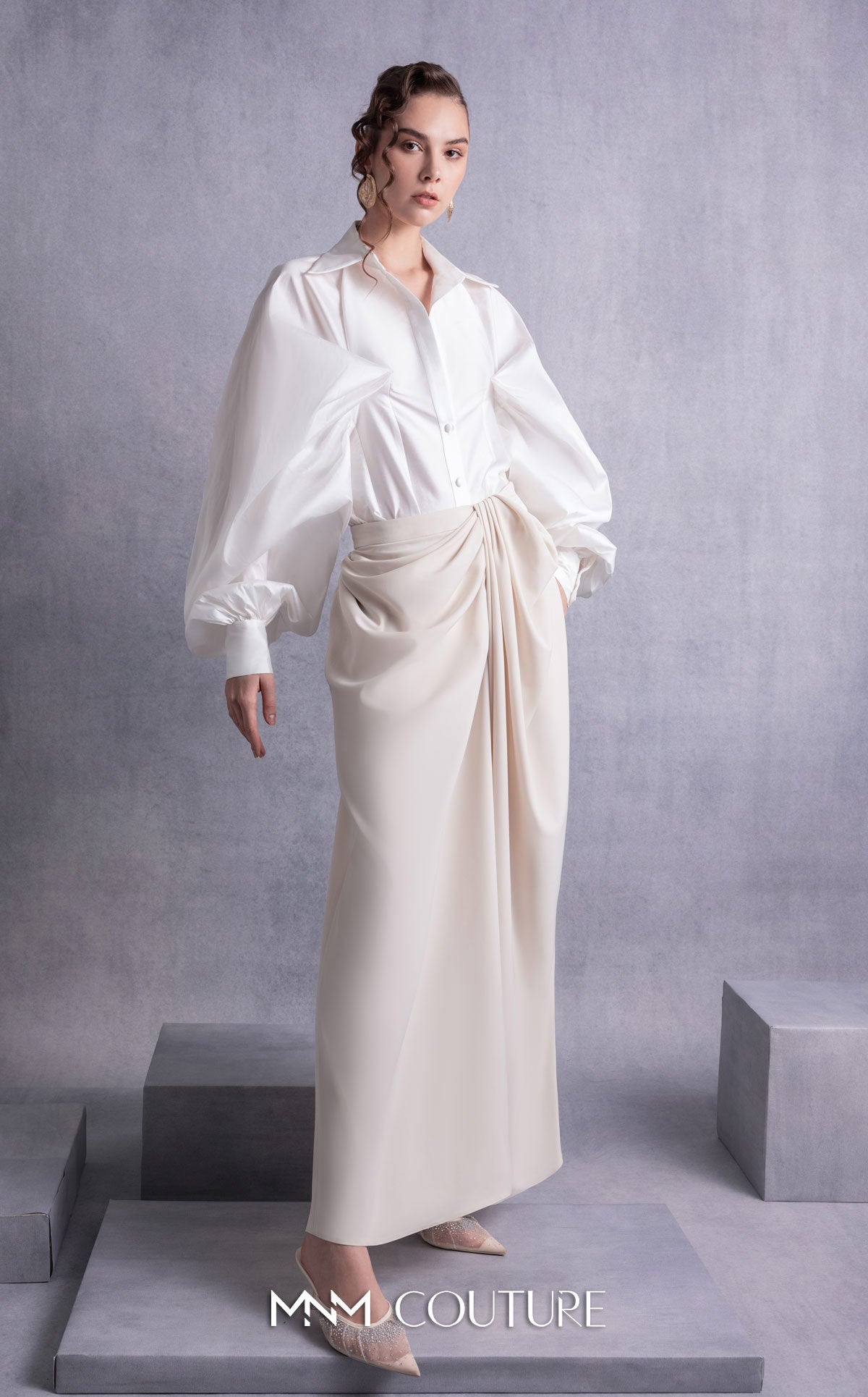 Collared Long Satin Pant Suit by MNM Couture GOS2529 in Off/White