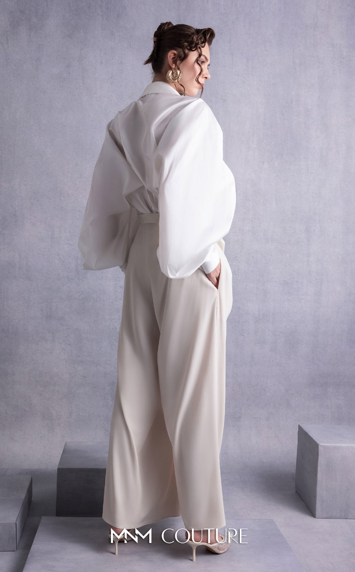 Collared Long Satin Pant Suit by MNM Couture GOS2529 in Off/White