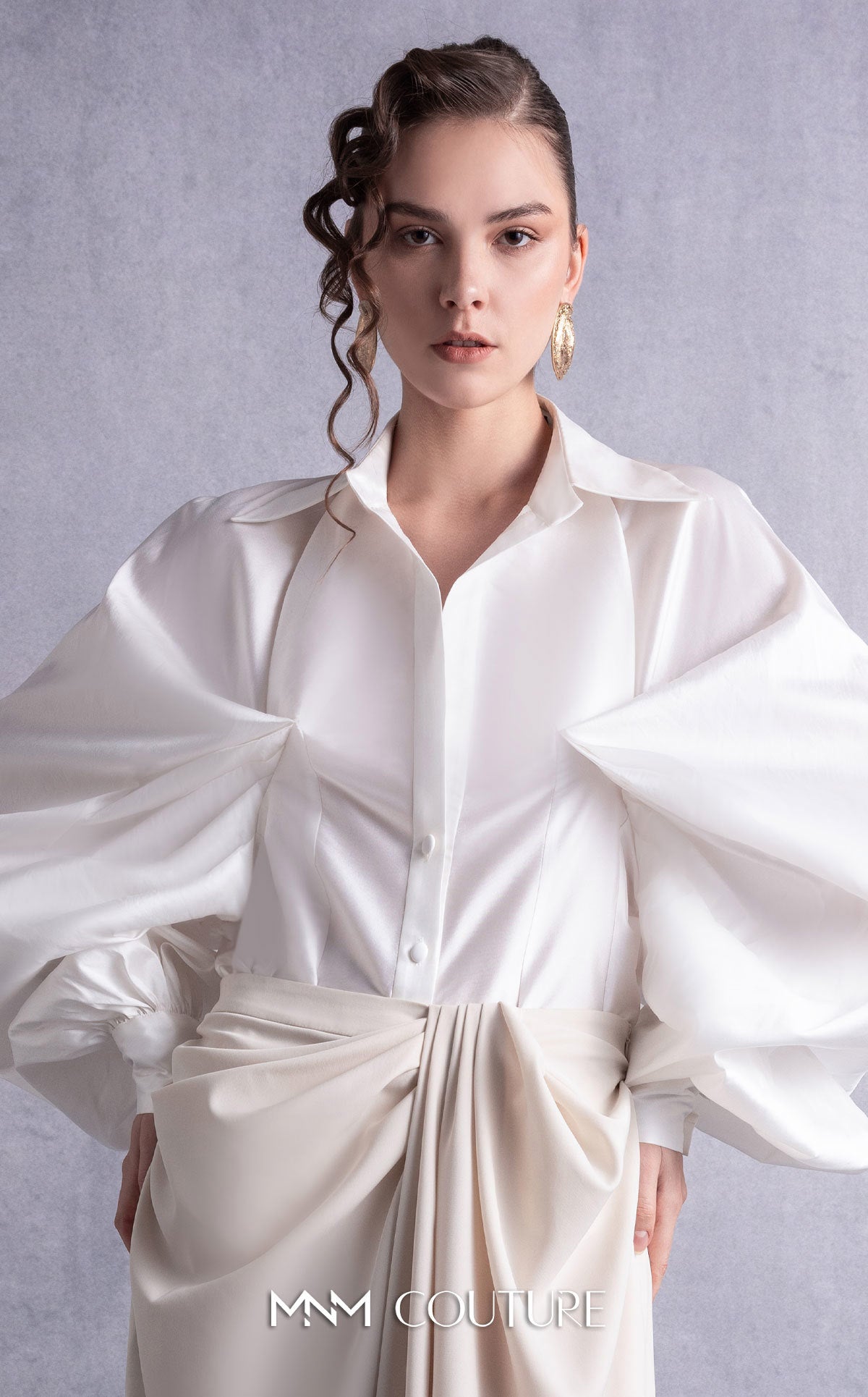 Collared Long Satin Pant Suit by MNM Couture GOS2529 in Off/White