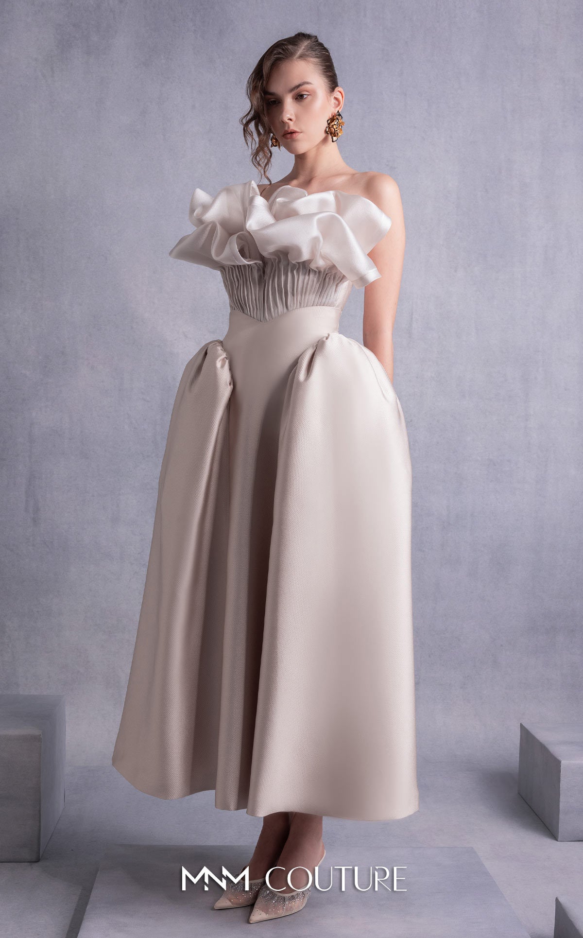 Cocktail Dresses Ruffle Tea Length Corset Pleated Cocktail Dress MNM Couture GOS2531 Gold