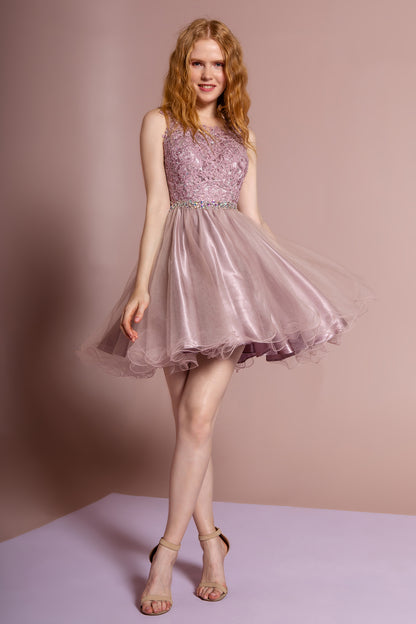 Lace Illusion Top A-line Short Dress Cocktail - The Dress Outlet Elizabeth K Mauve