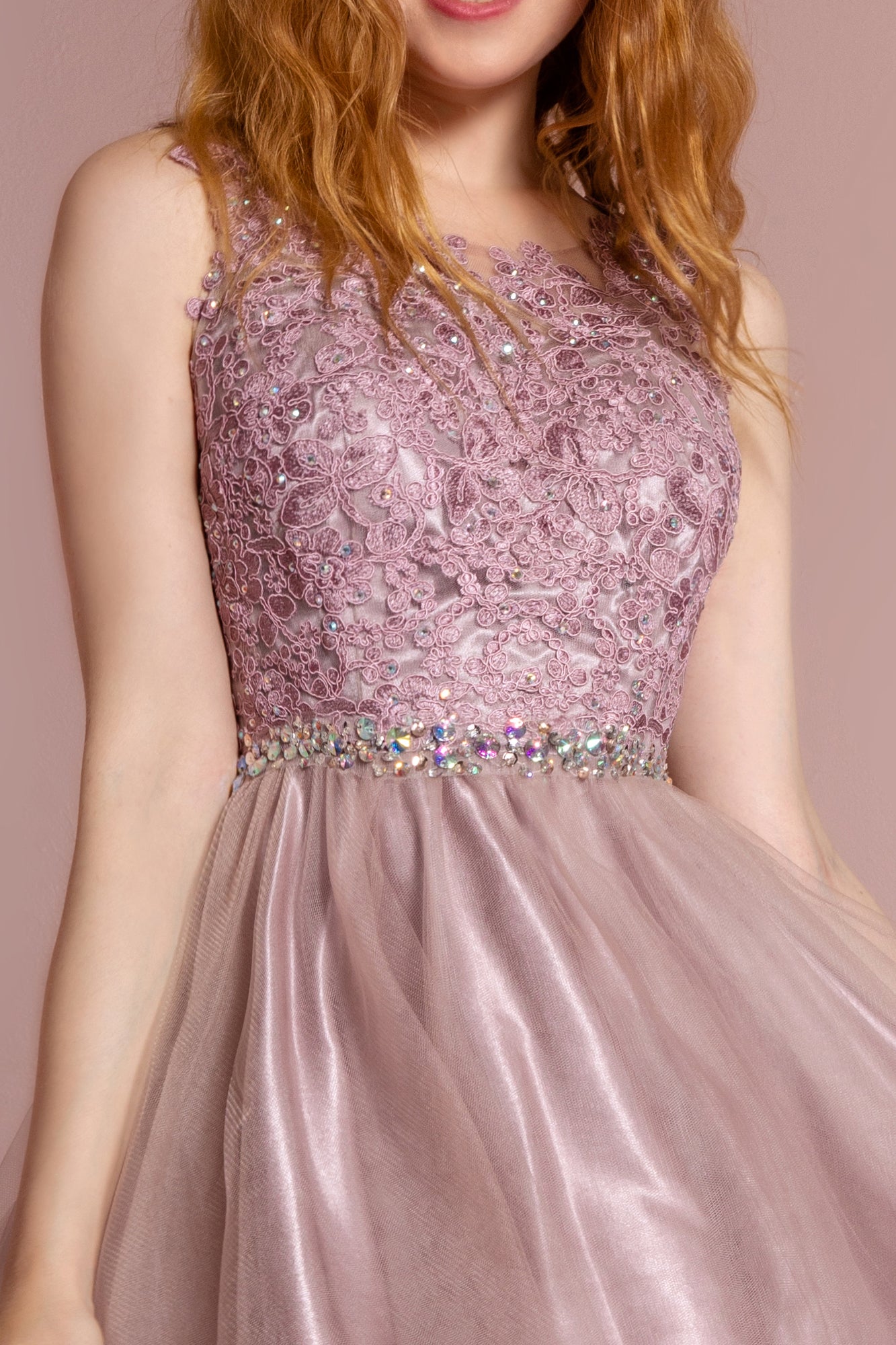 Lace Illusion Top A-line Short Dress Cocktail - The Dress Outlet Elizabeth K Mauve