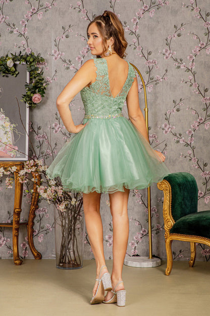 Lace Illusion Top A-line Short Dress Cocktail - The Dress Outlet Elizabeth K Sage