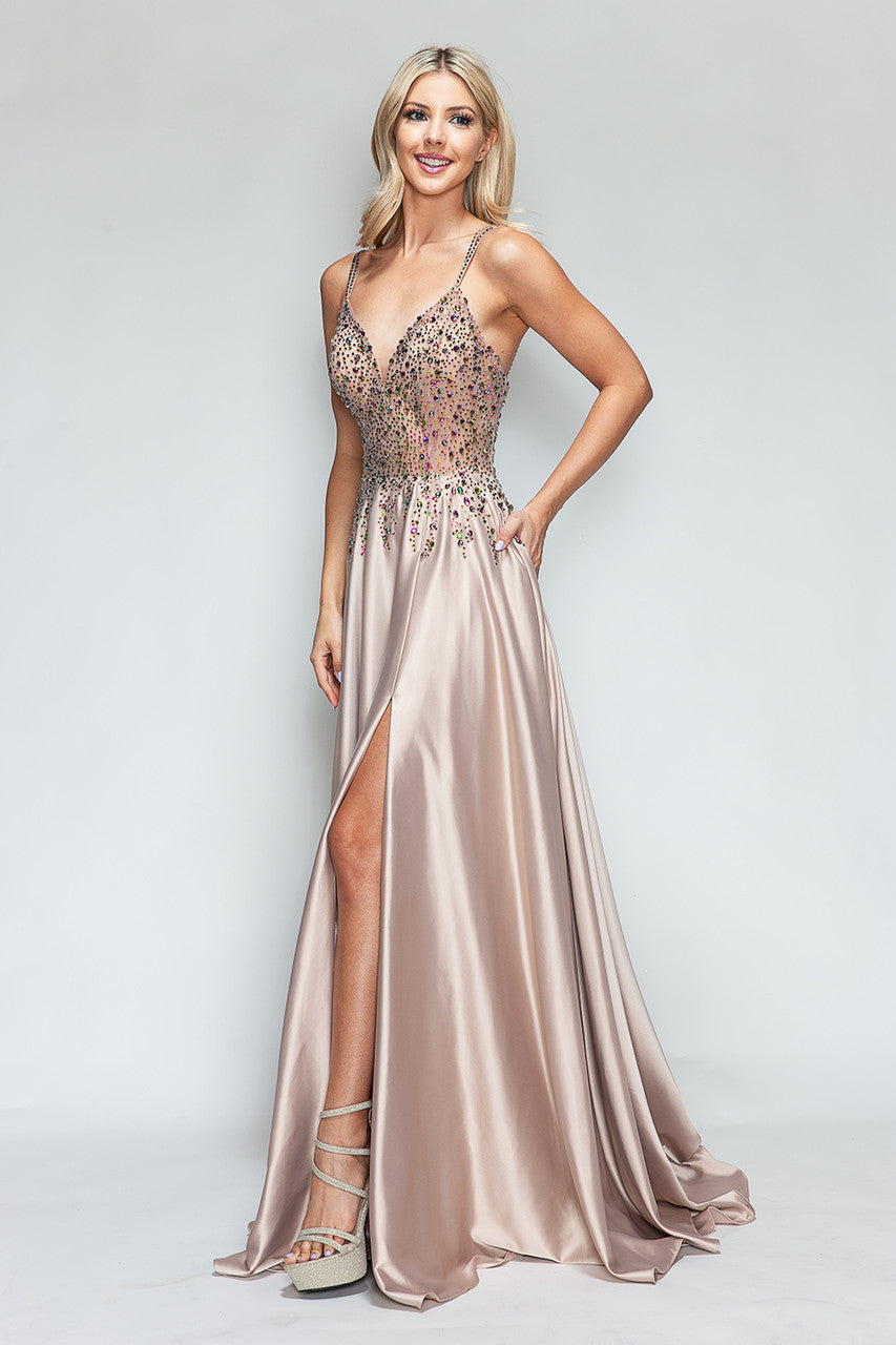 Prom Dresses Slit Prom Long Formal Dress Lenovia 8331 Gold-Satin-8331-Beaded