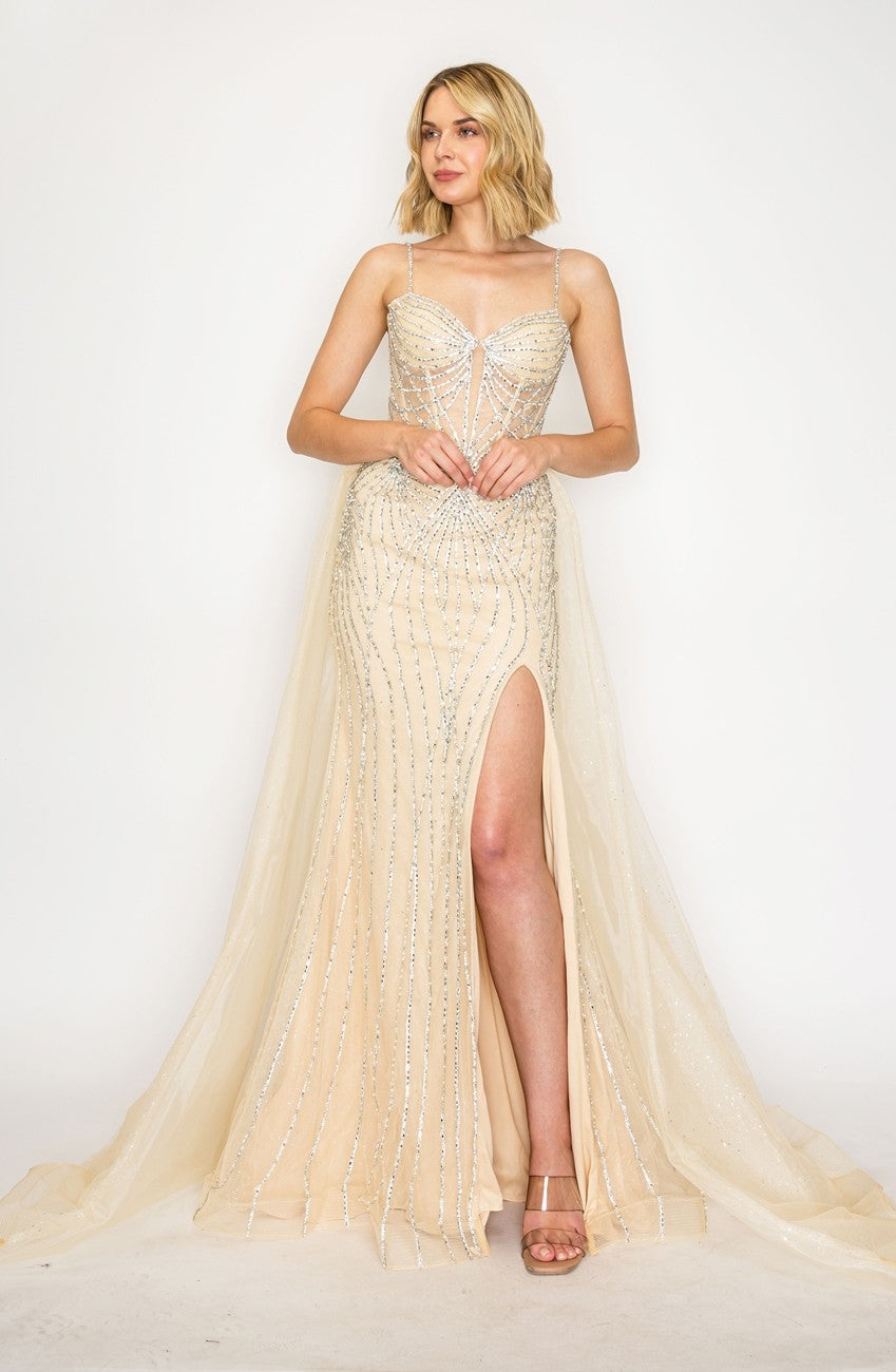 Prom Dresses Long Formal Beaded Overskirt Prom Dress Nude