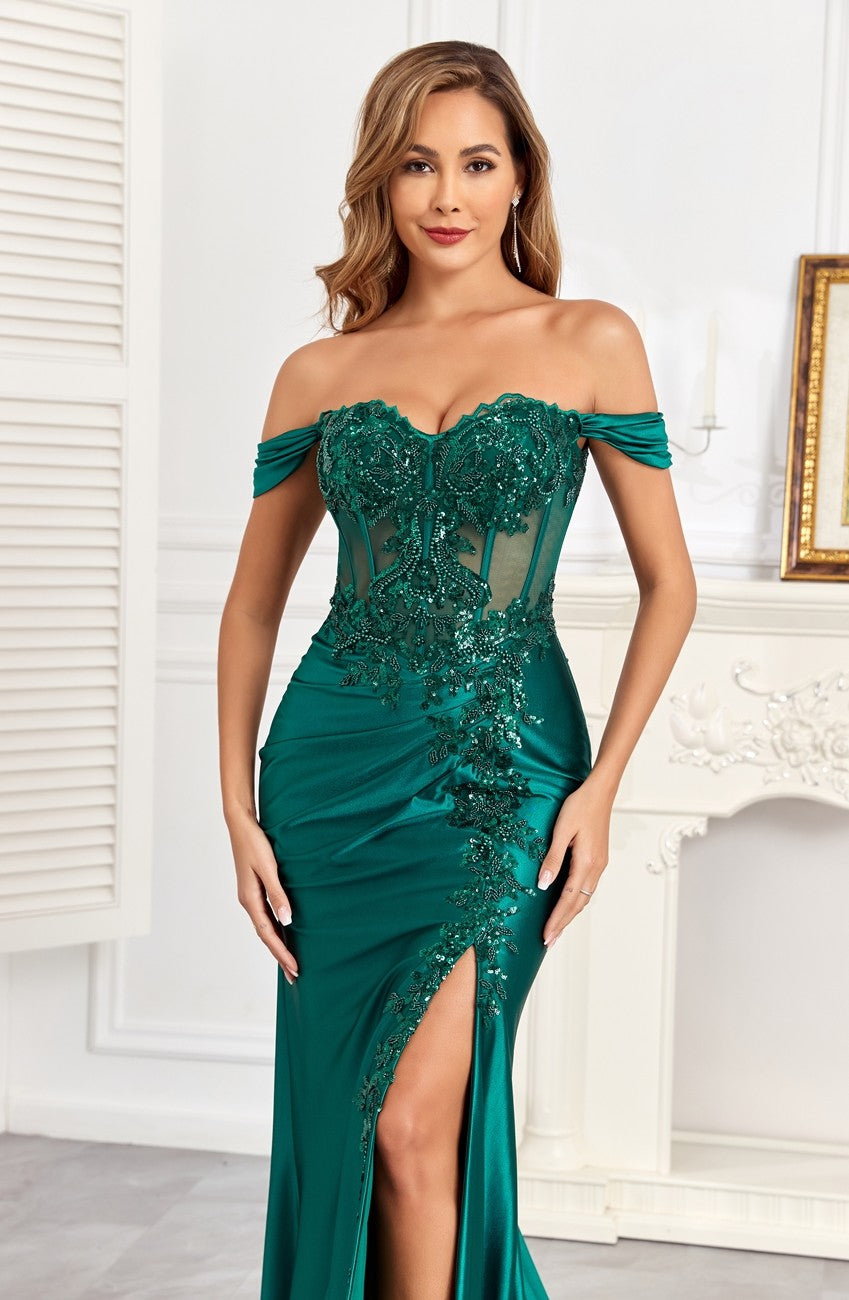 Prom Dresses Long Fitted Corset Formal Applique Prom Dress Emerald