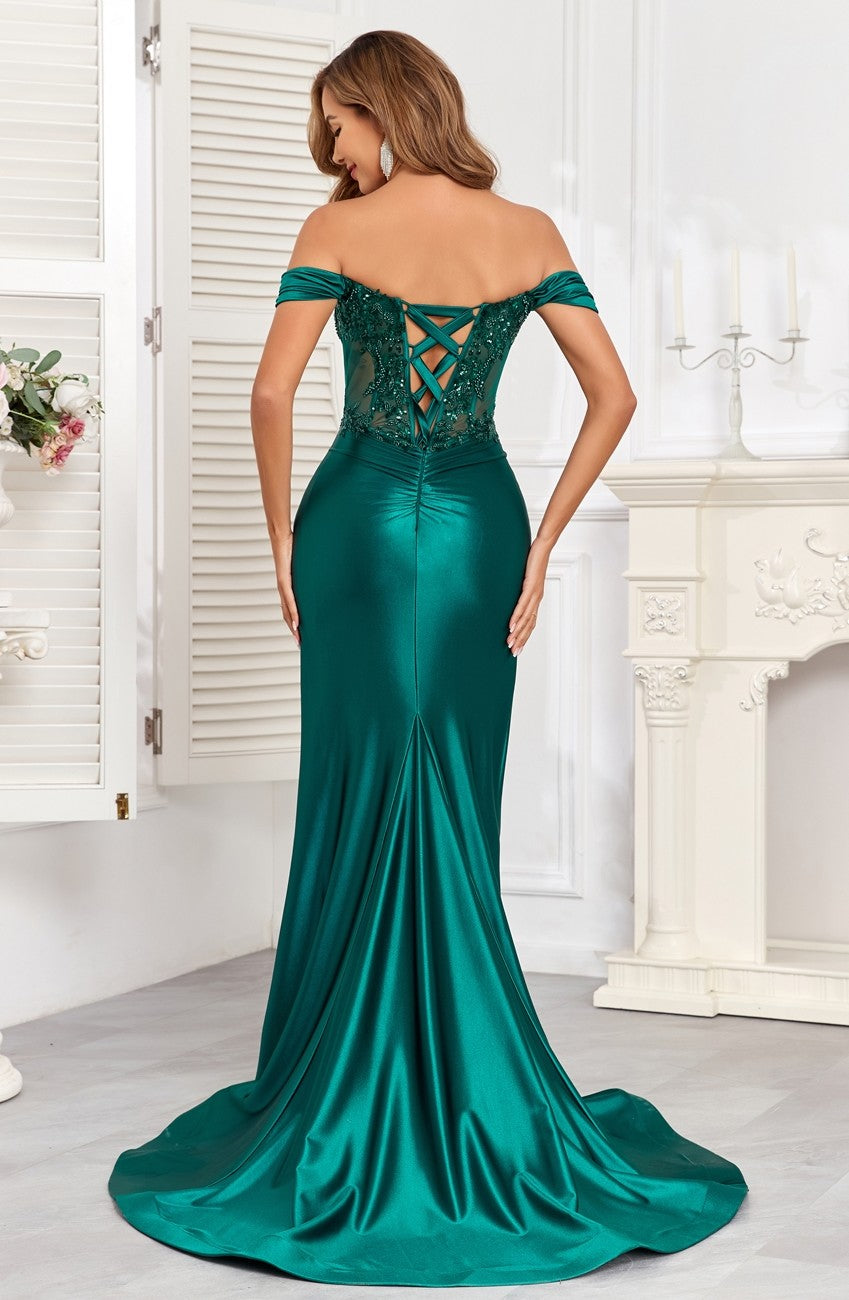 Prom Dresses Long Fitted Corset Formal Applique Prom Dress Emerald