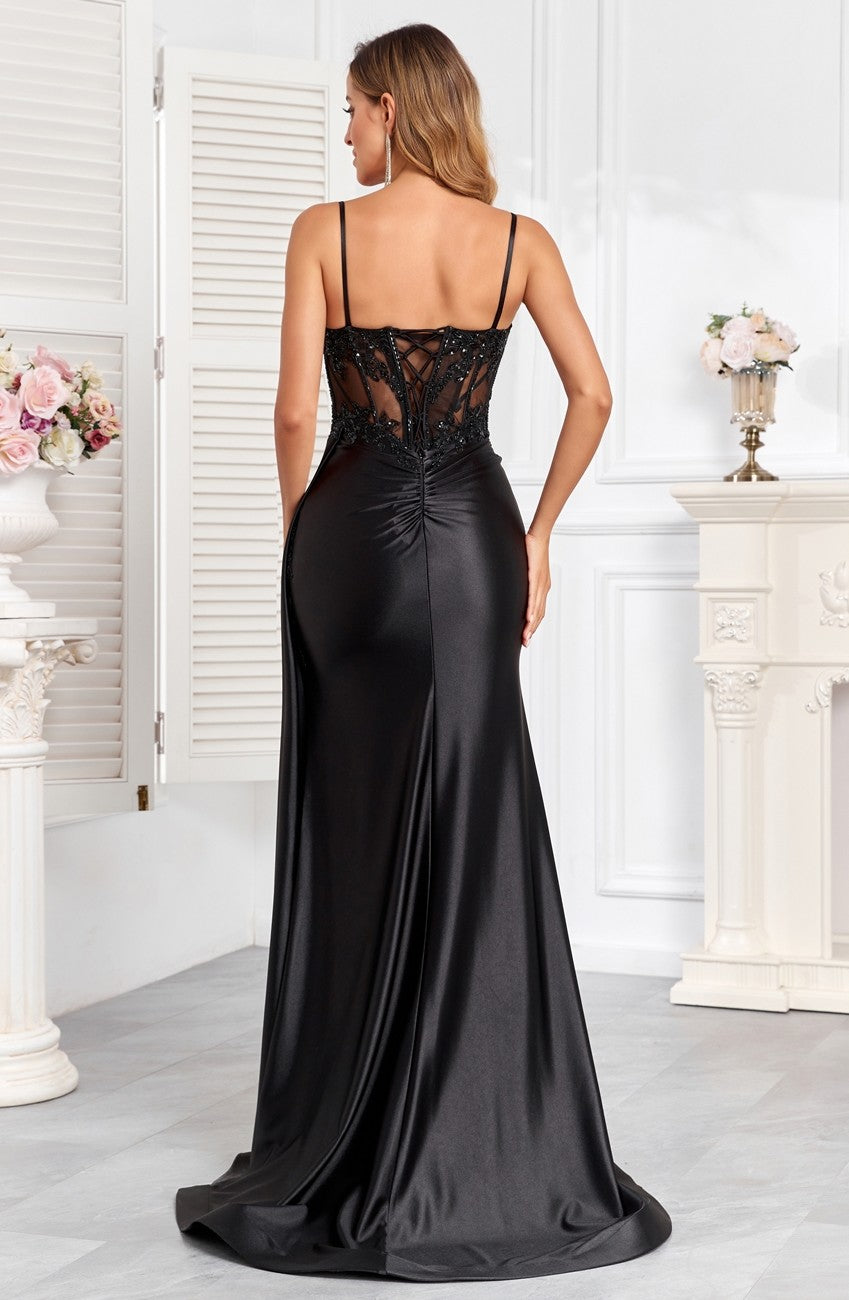 Prom Dresses Pleated Long Formal Applique Corset Prom Dress Black