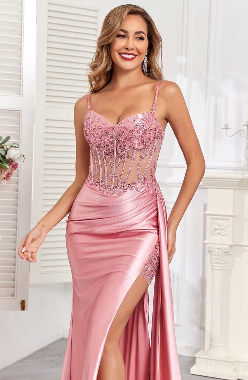 Prom Dresses Pleated Long Formal Applique Corset Prom Dress Dusty Rose