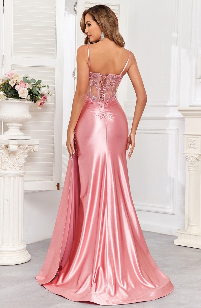 Prom Dresses Pleated Long Formal Applique Corset Prom Dress Dusty Rose