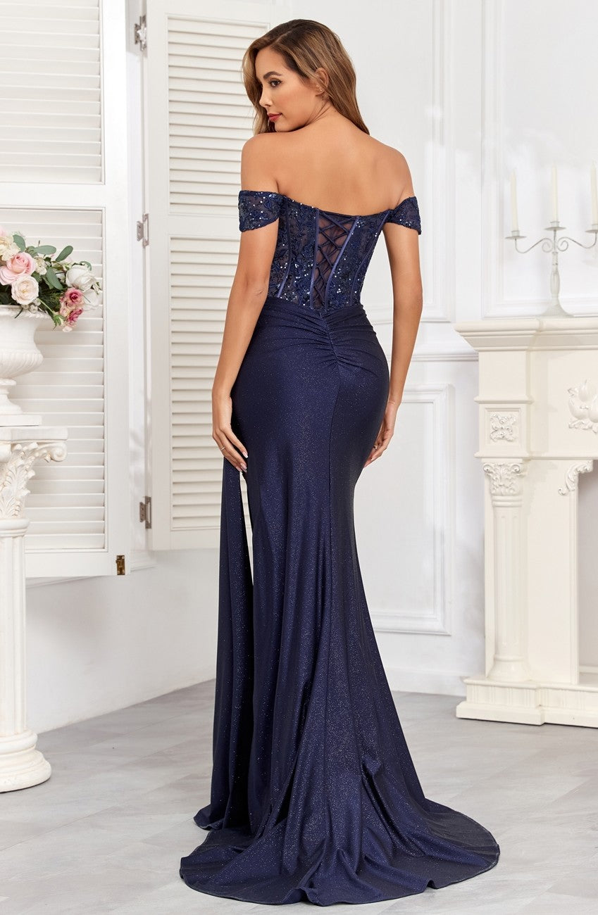 Prom Dresses Glitter Long Corset Fitted Formal Prom Dress Navy