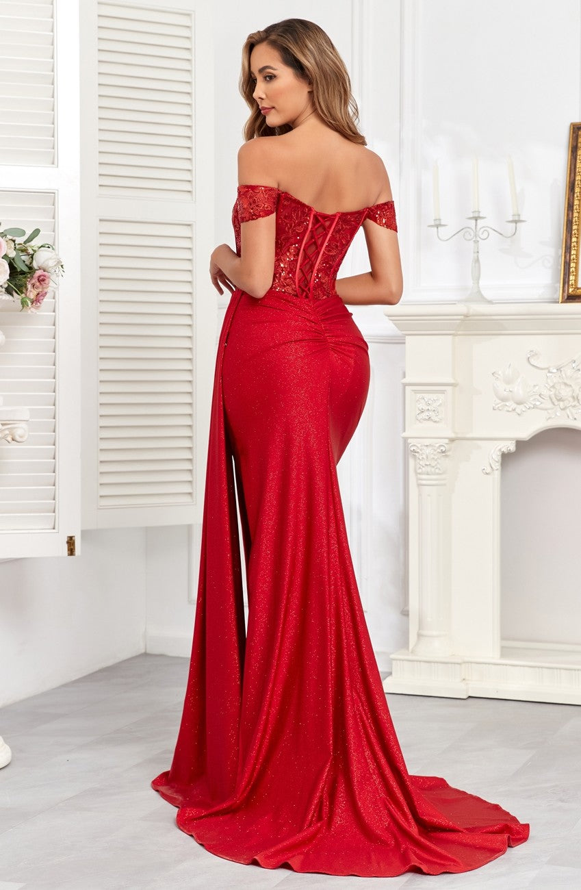 Prom Dresses Glitter Long Corset Fitted Formal Prom Dress Red