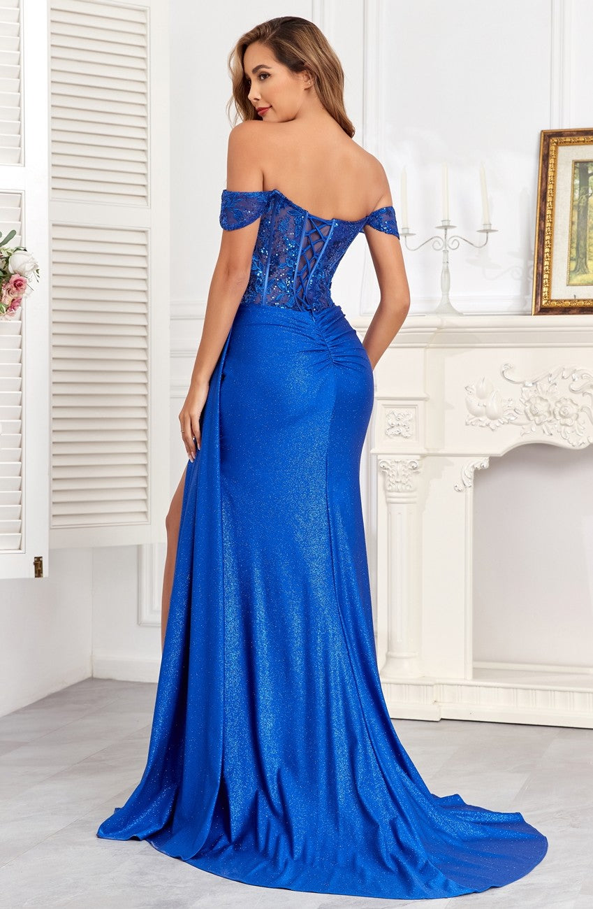 Prom Dresses Glitter Long Corset Fitted Formal Prom Dress Royal