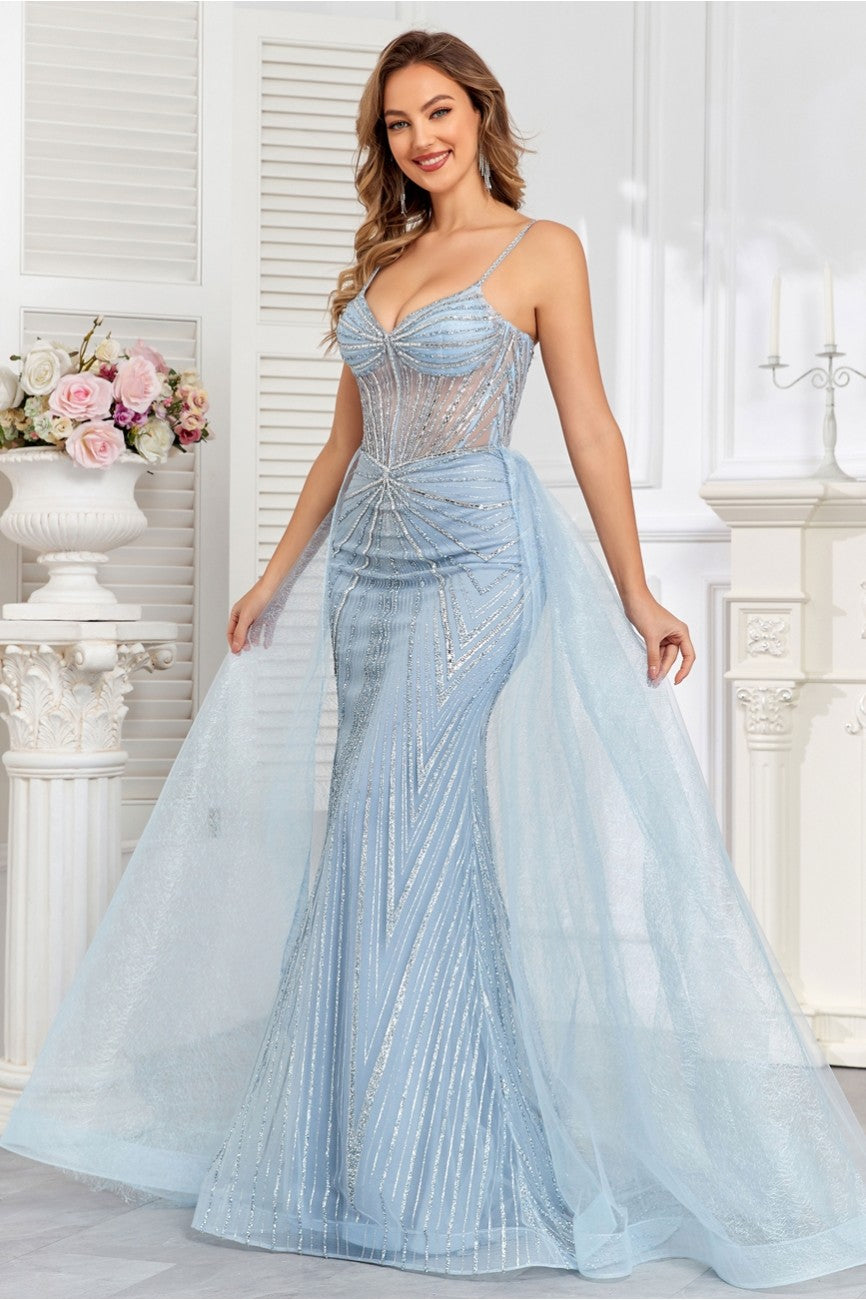 Prom Dresses Prom Fitted Long Formal Beaded Overskirt Evening Gown Baby Blue