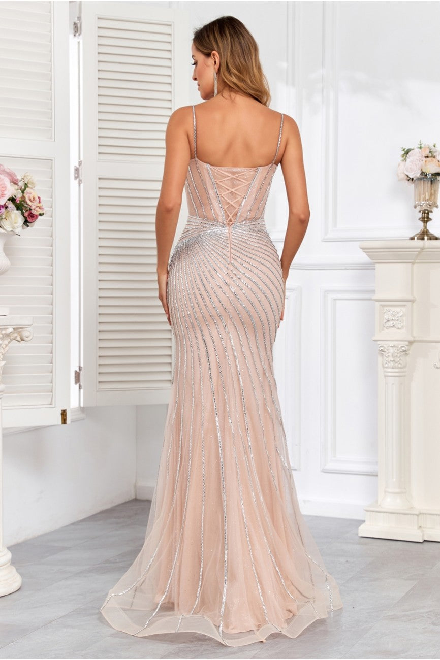 Prom Dresses Fitted Long Formal Beaded Corset Prom Gown Nude