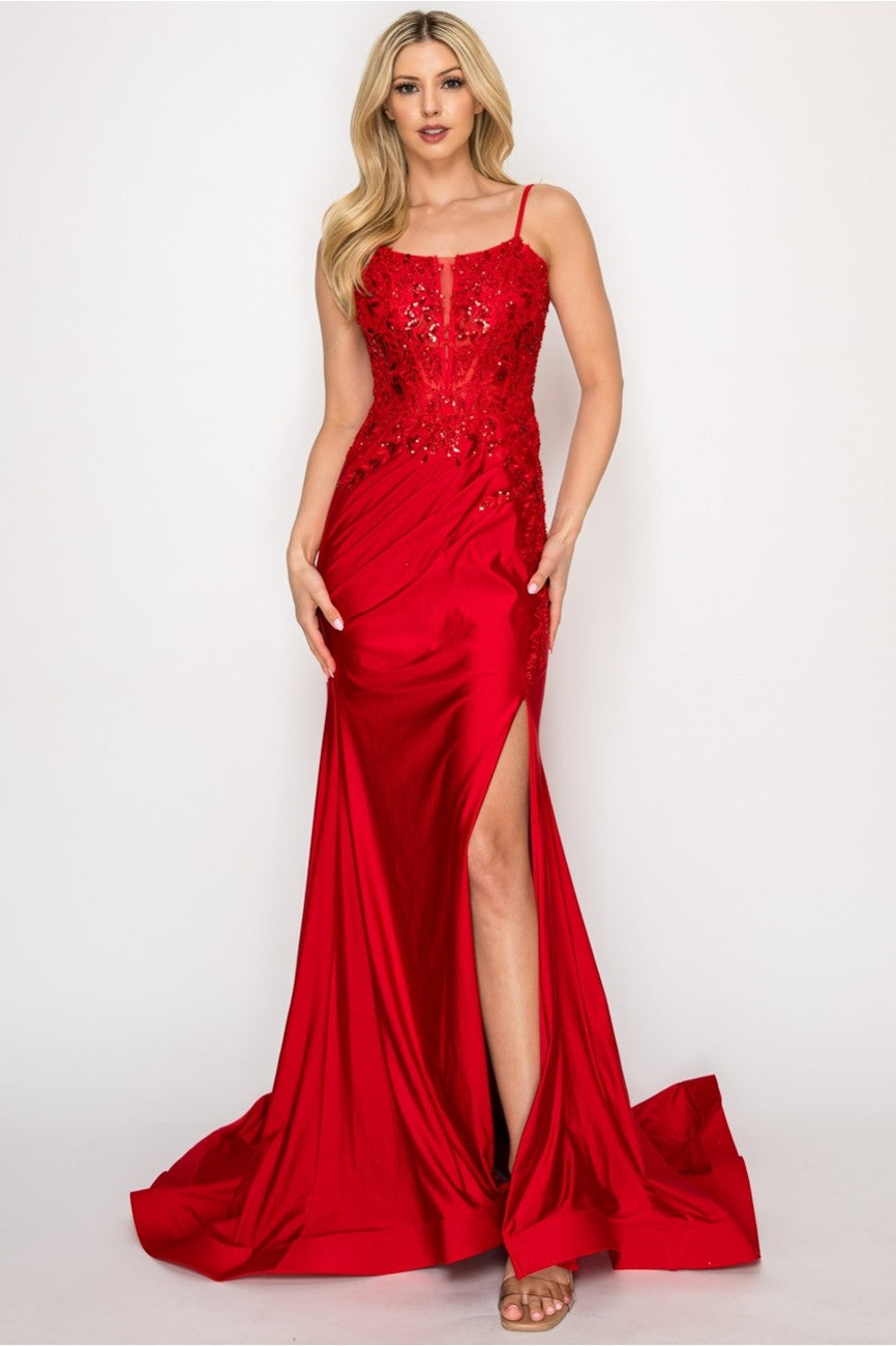 Prom Dresses Fitted Prom Long Formal Beaded Evening Gown Red