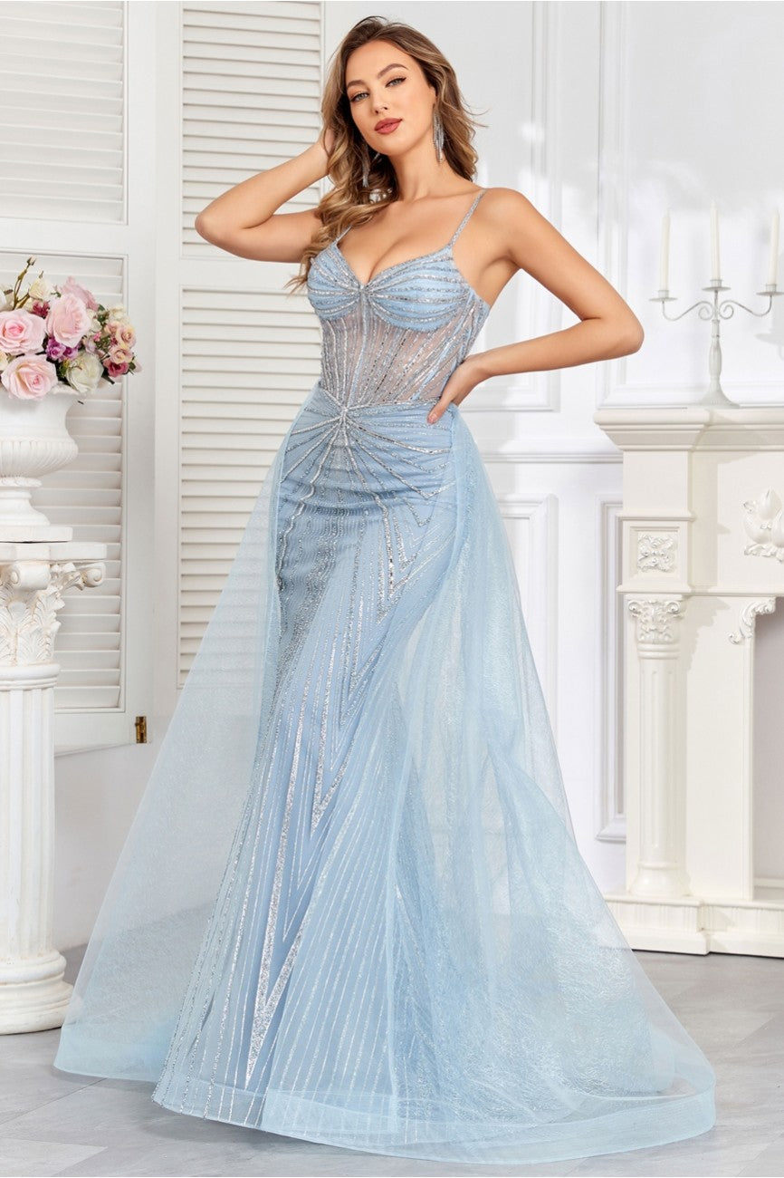 Prom Dresses Prom Fitted Long Formal Beaded Overskirt Evening Gown Baby Blue