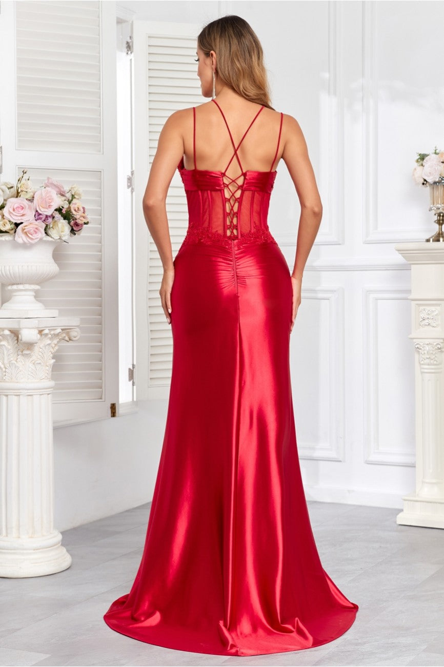 Prom Dresses Long Pleated Formal Lace Applique Prom DressRed