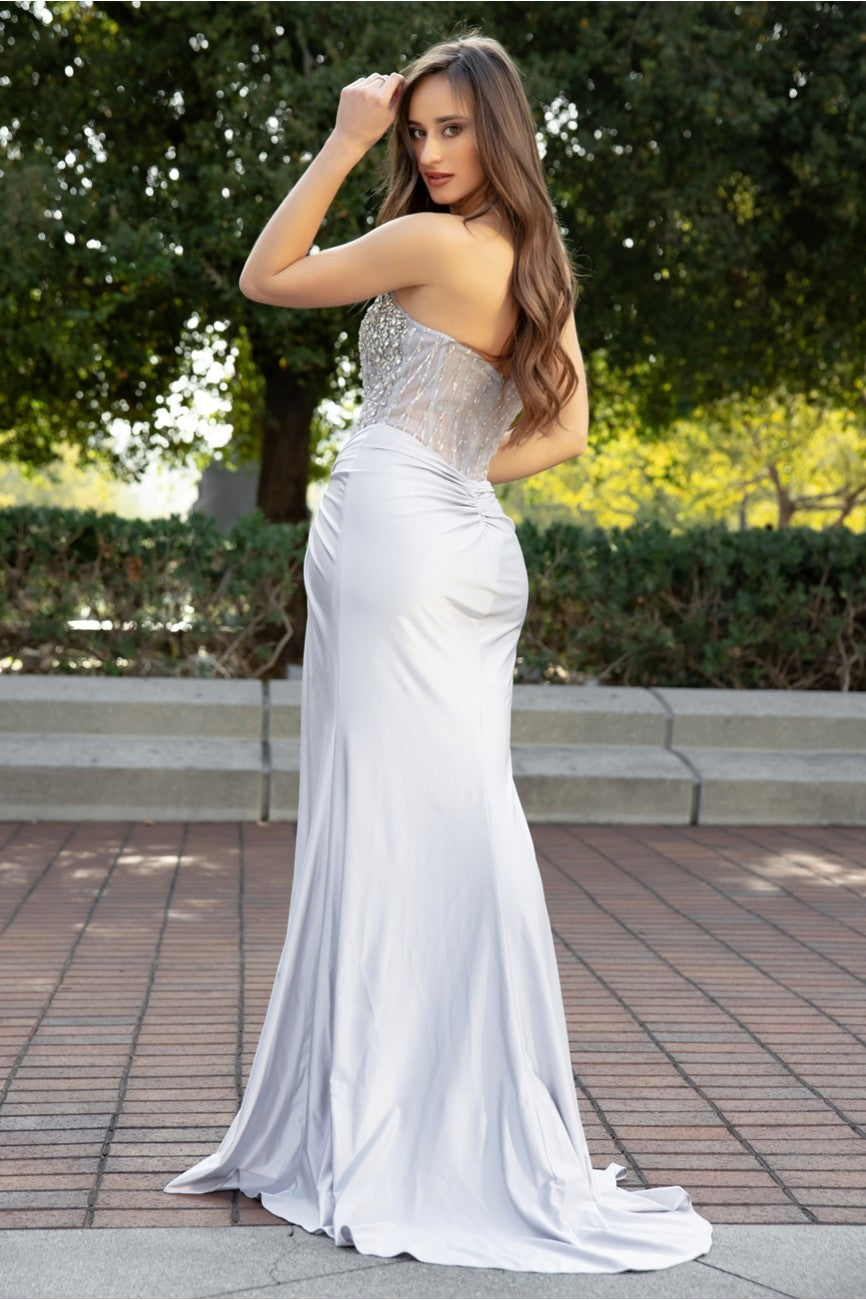 Prom Dresses Prom Long Fitted Formal Beaded Evening Dress Silver