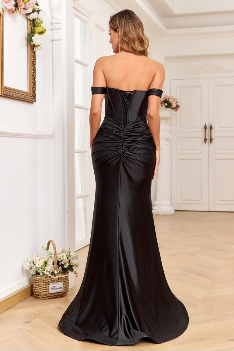 Prom Dresses Fitted Formal Long Pleated Prom Dress Black