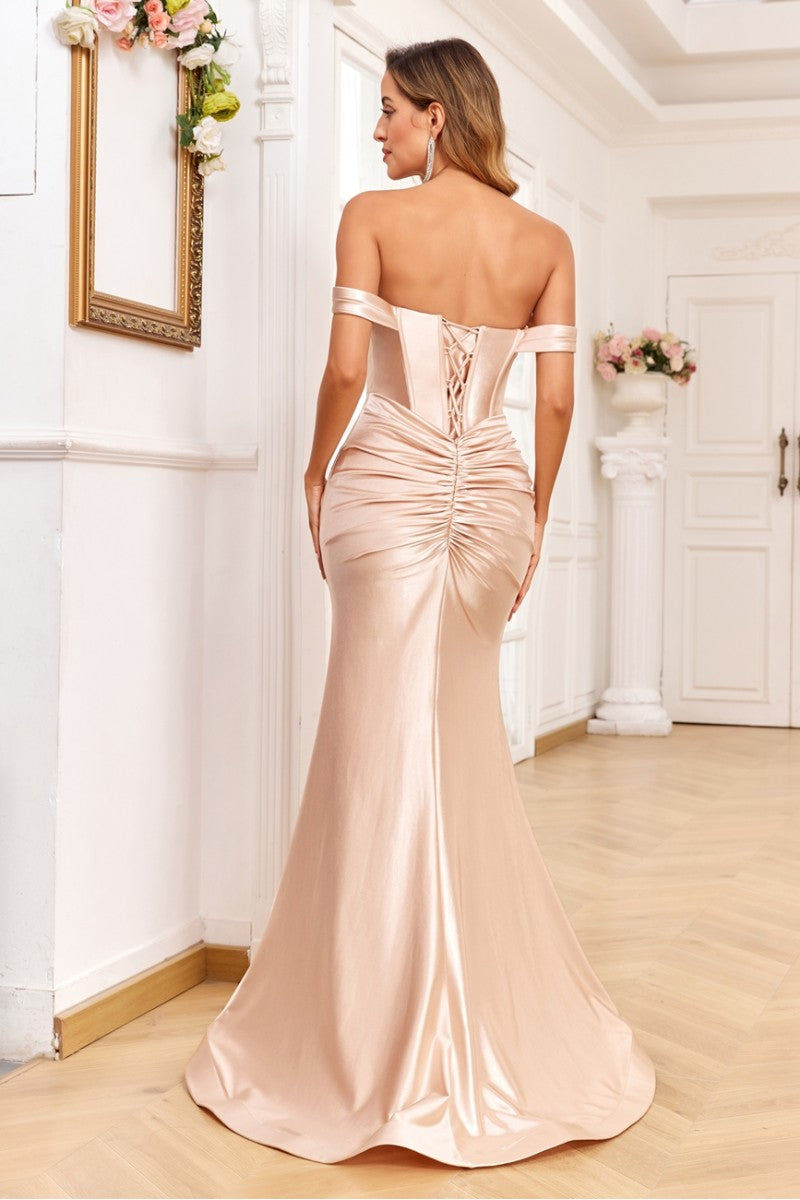 Prom Dresses Fitted Formal Long Pleated Prom Dress Champagne