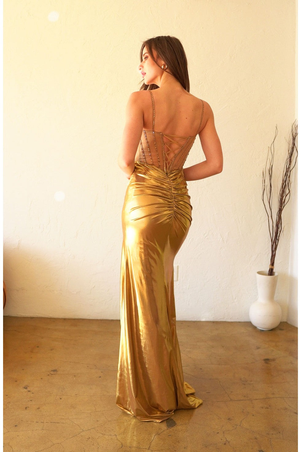 Prom Dresses Beaded Slit Prom Long Formal Metallic Dress Gold