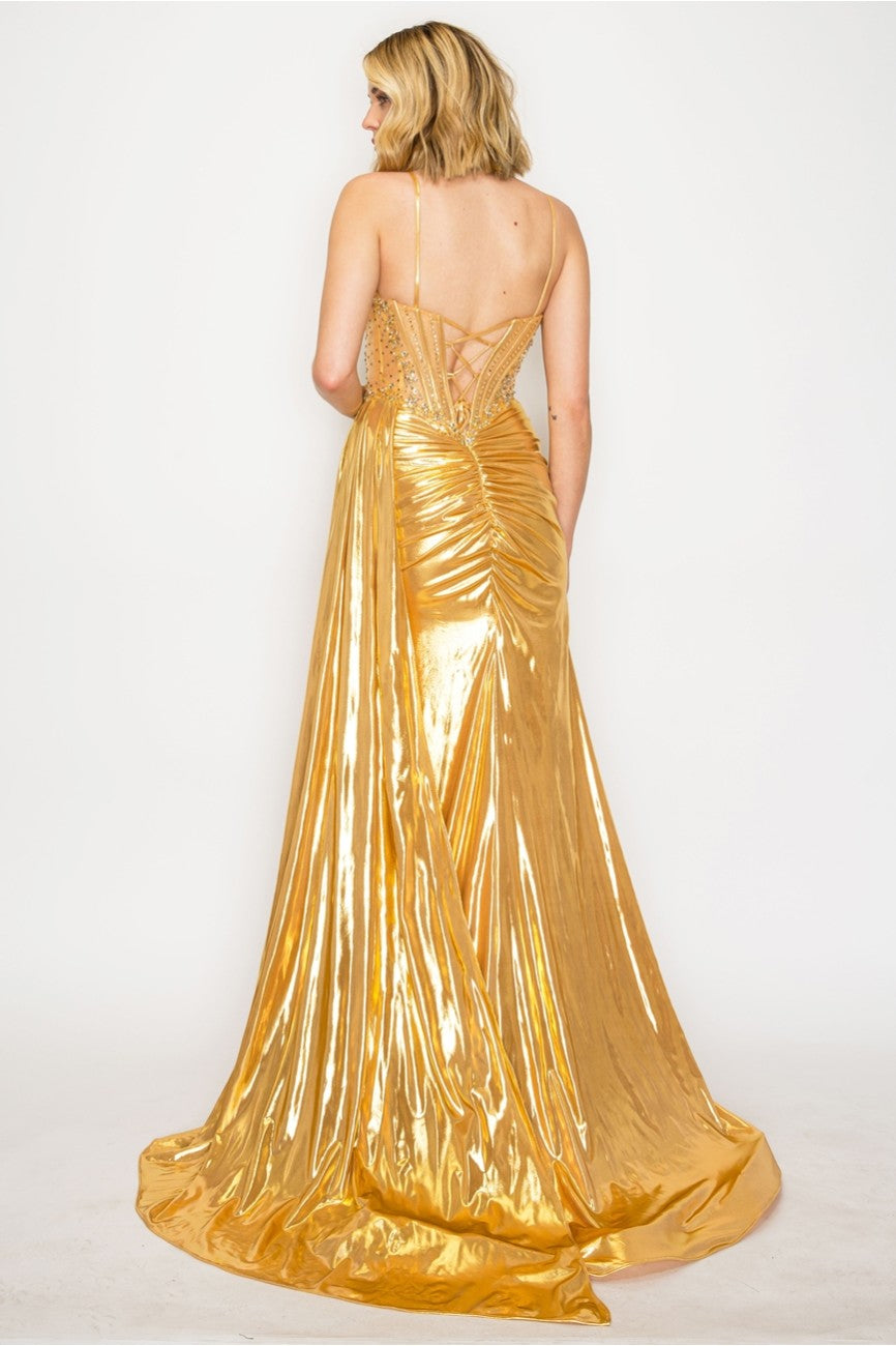 Prom Dresses Long Formal Beaded Metallic Prom Dress Gold