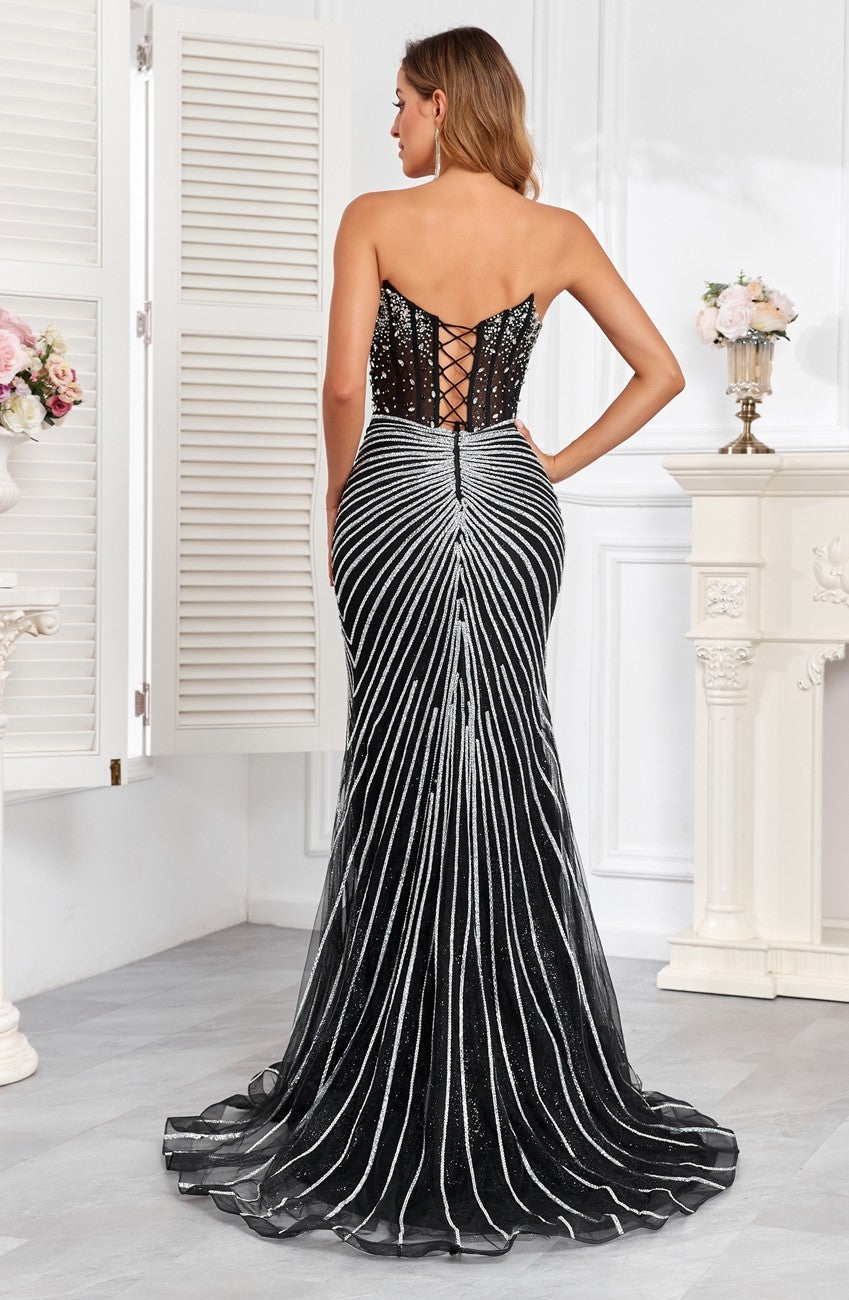Prom Dresses Prom Fitted Long Formal Beaded Corset Evening Gown Black