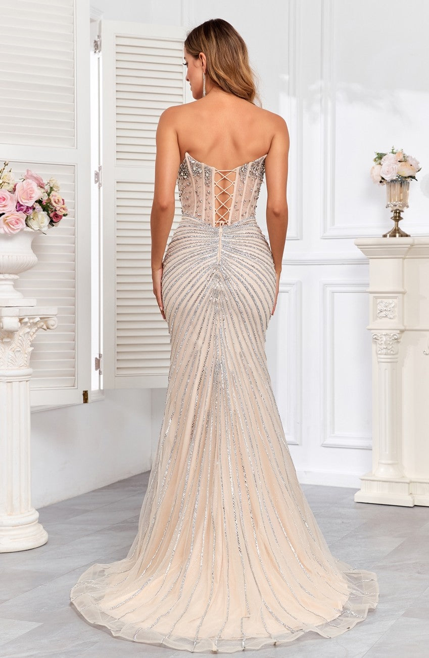 Prom Dresses Prom Fitted Long Formal Beaded Corset Evening Gown Nude