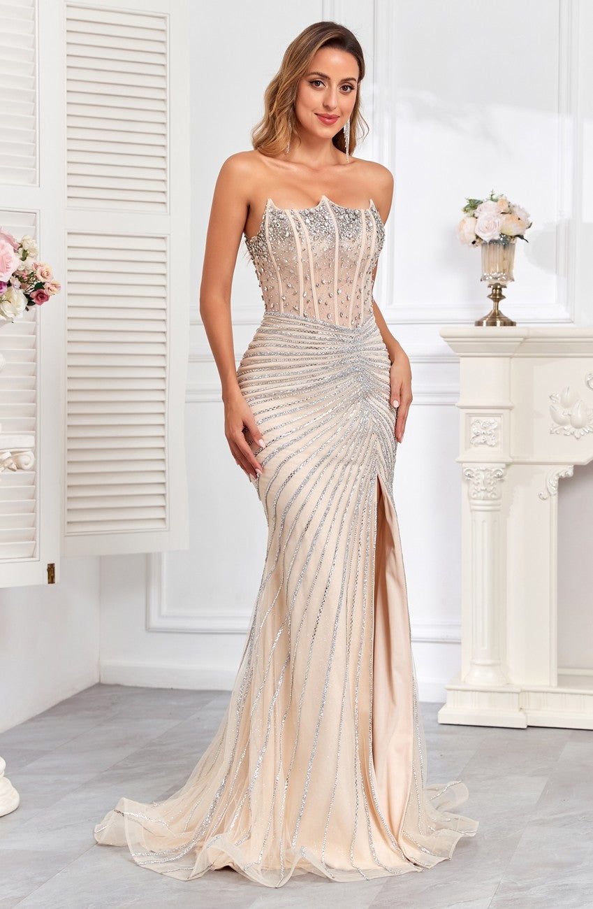 Prom Dresses Prom Fitted Long Formal Beaded Corset Evening Gown Nude