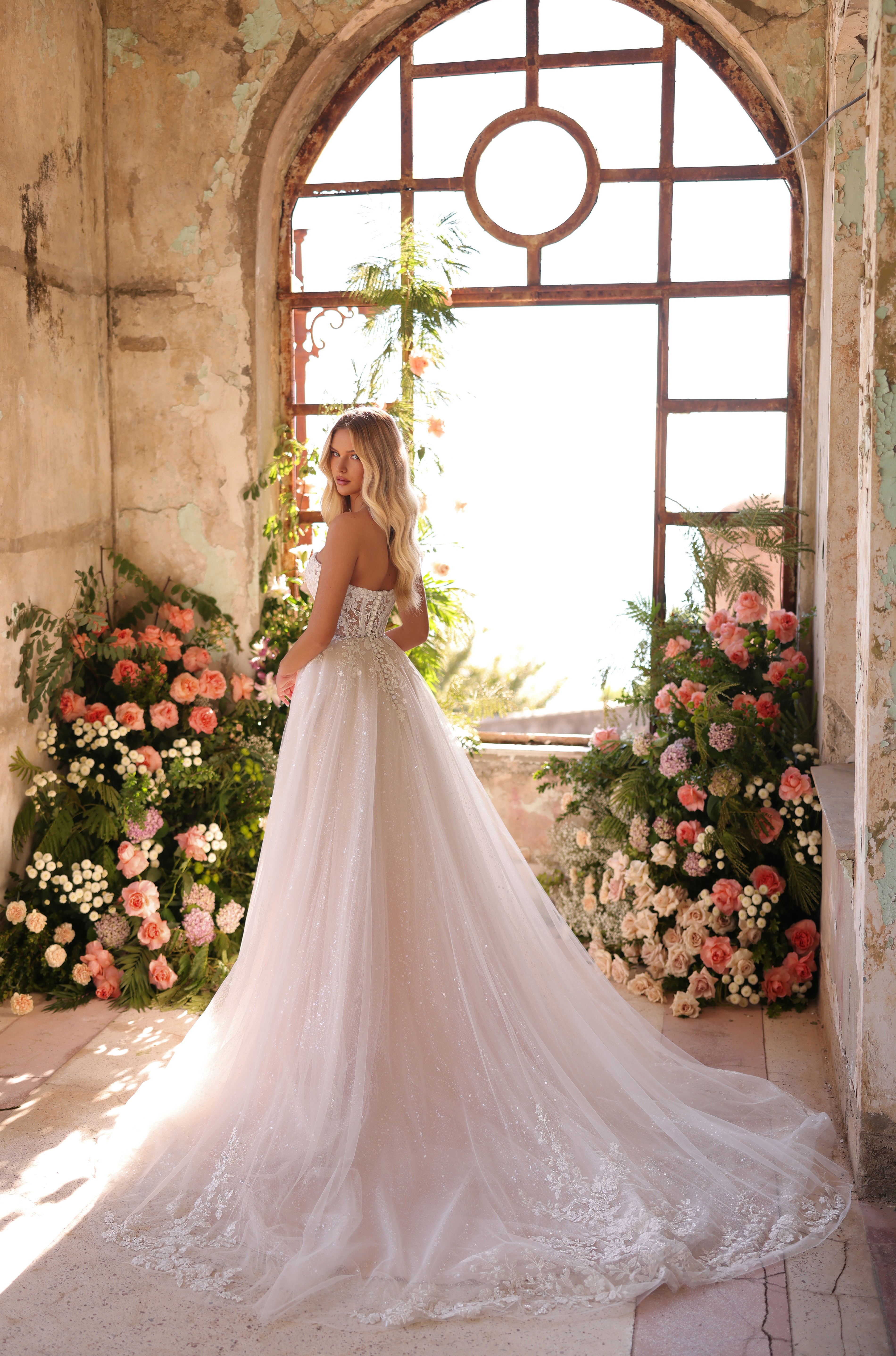 Wedding Dresses Floral Long Lace Applique Slit Corset Wedding Dress Amarra 89121 Ivory/Nude