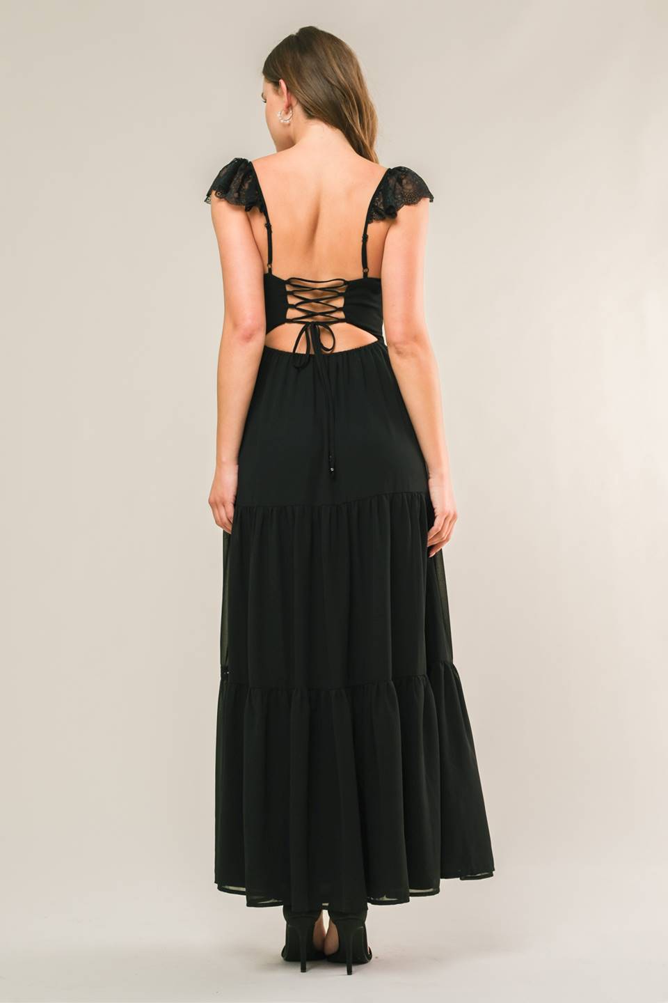 Cocktail Dresses Fitted Ruffle Tea Length Lace Cocktail Dress Black