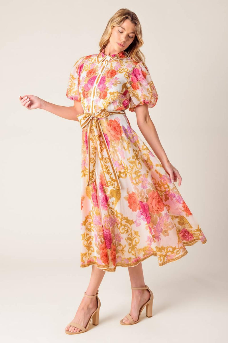 Crew-Neck Midi Organza Wedding Guest A-Line Dress Flying Tomato ID21563