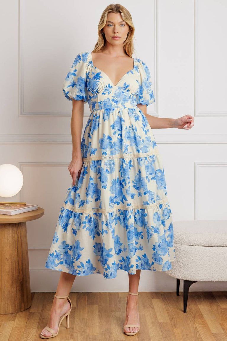 Ivory/Blue V-Neck Midi Cotton Casual Summer Puff Sleeve Tiered Dress Flying Tomato ID21885
