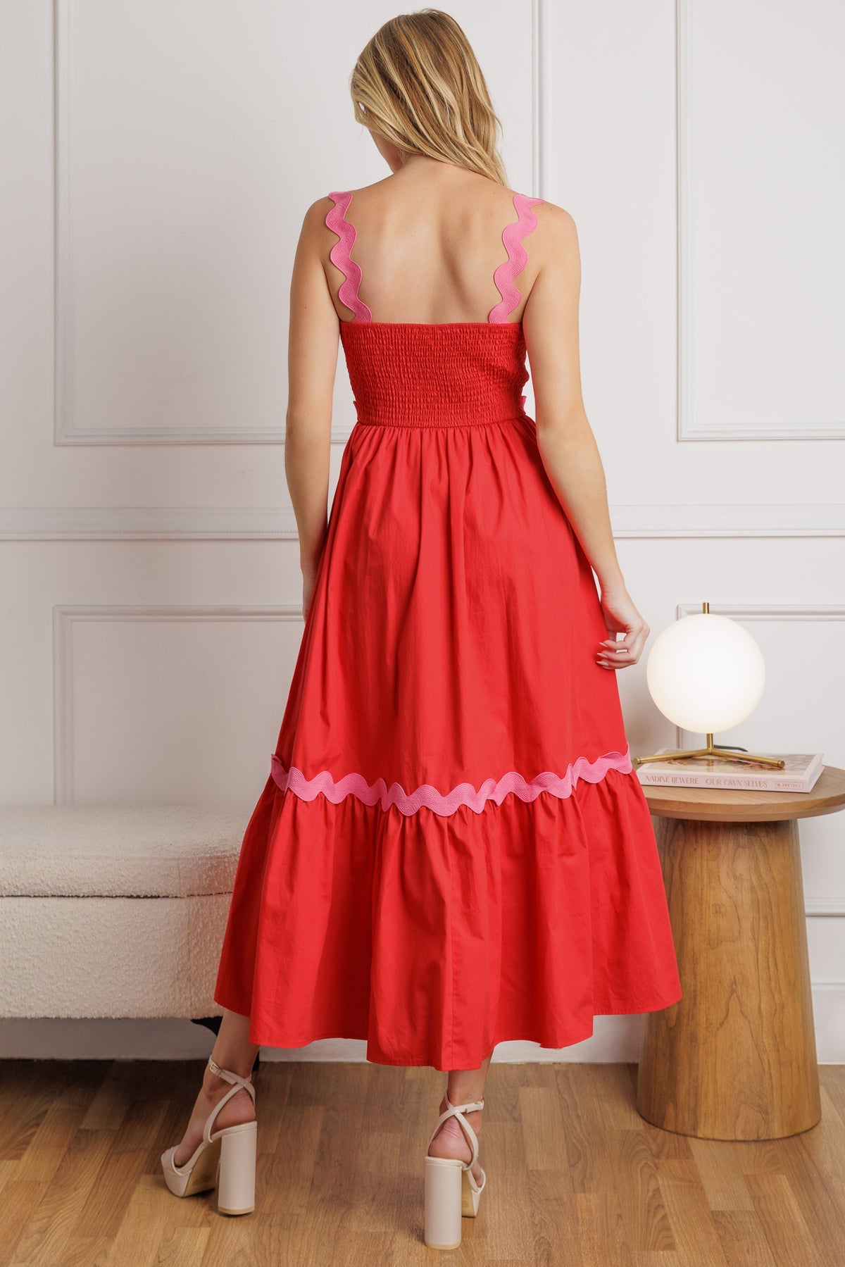 Red Square Neck Midi Cotton Poplin Cocktail Tiered Dress with Scalloped Trim Flying Tomato ID21946